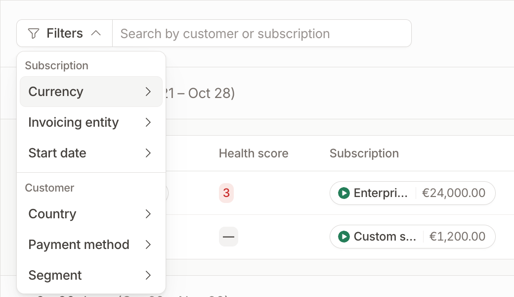 Filters menu with Currency, Invoicing entity and Start date under Subscription, and Country, Payment method and Segment under Customer