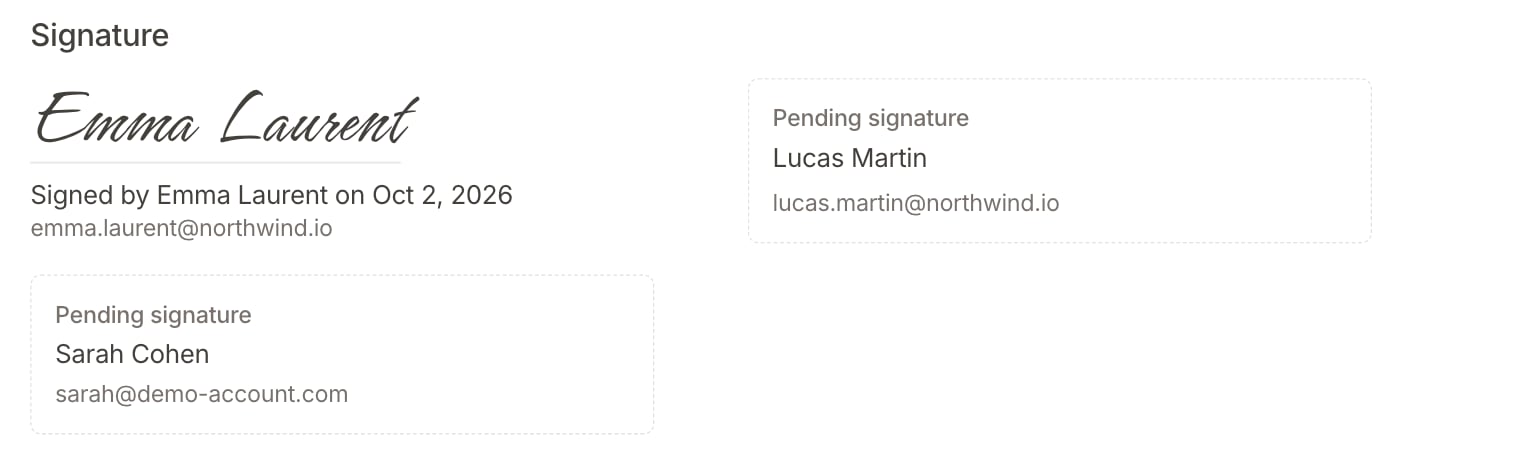 Signature block with one signature and two pending signatures