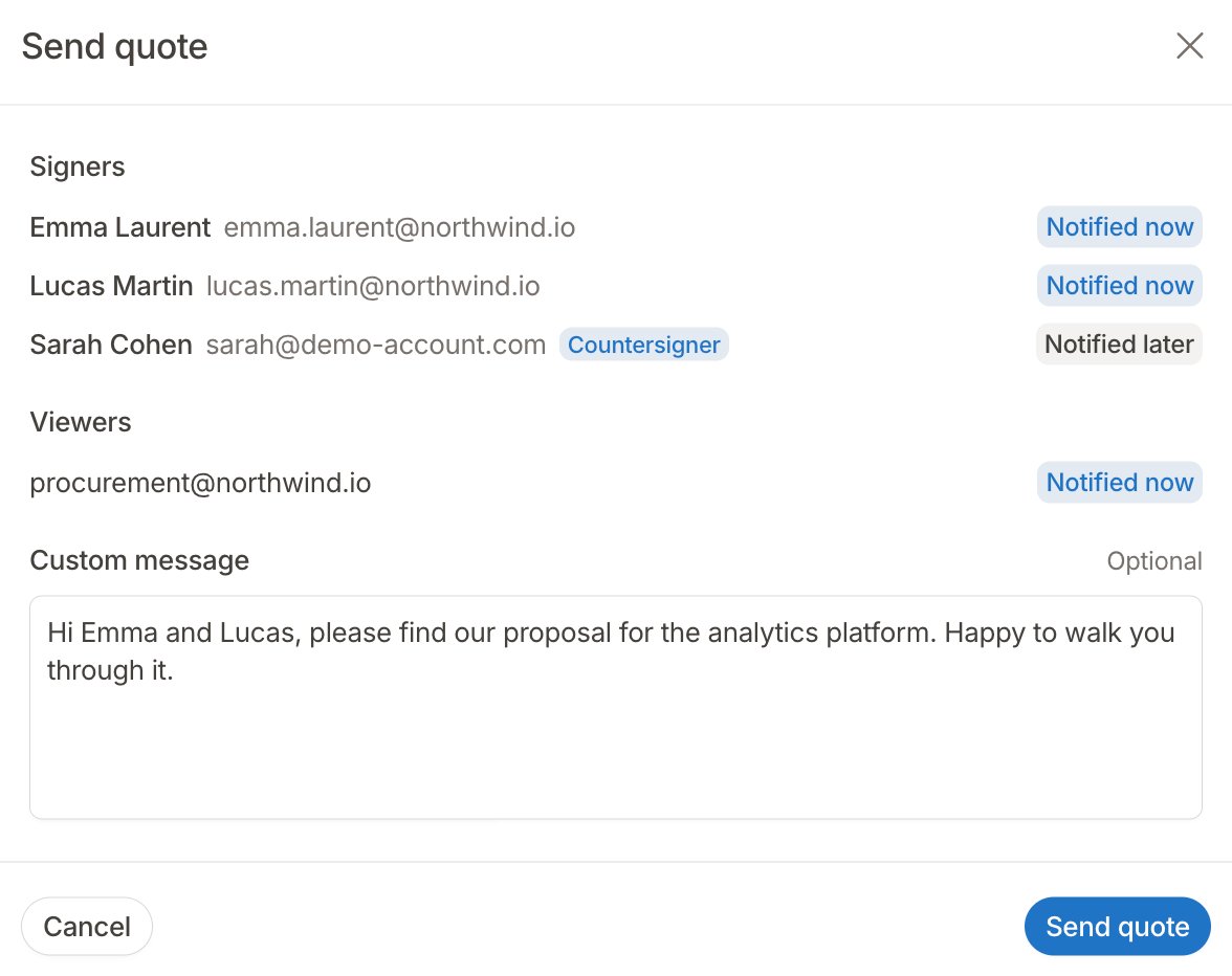 Send quote window listing two signers notified now, a countersigner notified later and a viewer notified now