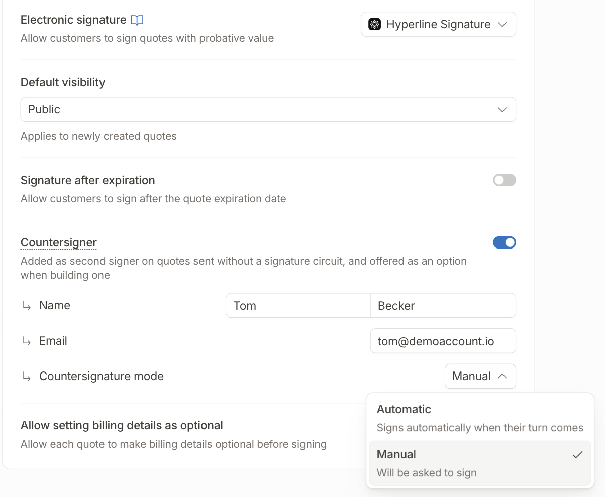 Signature section of the quoting settings with the countersigner and the countersignature mode