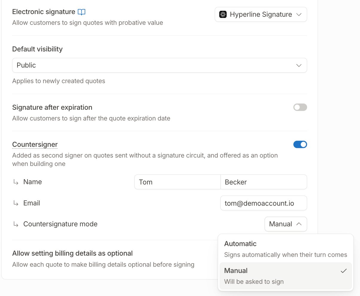 Signature section of the quoting settings with the countersigner and the countersignature mode