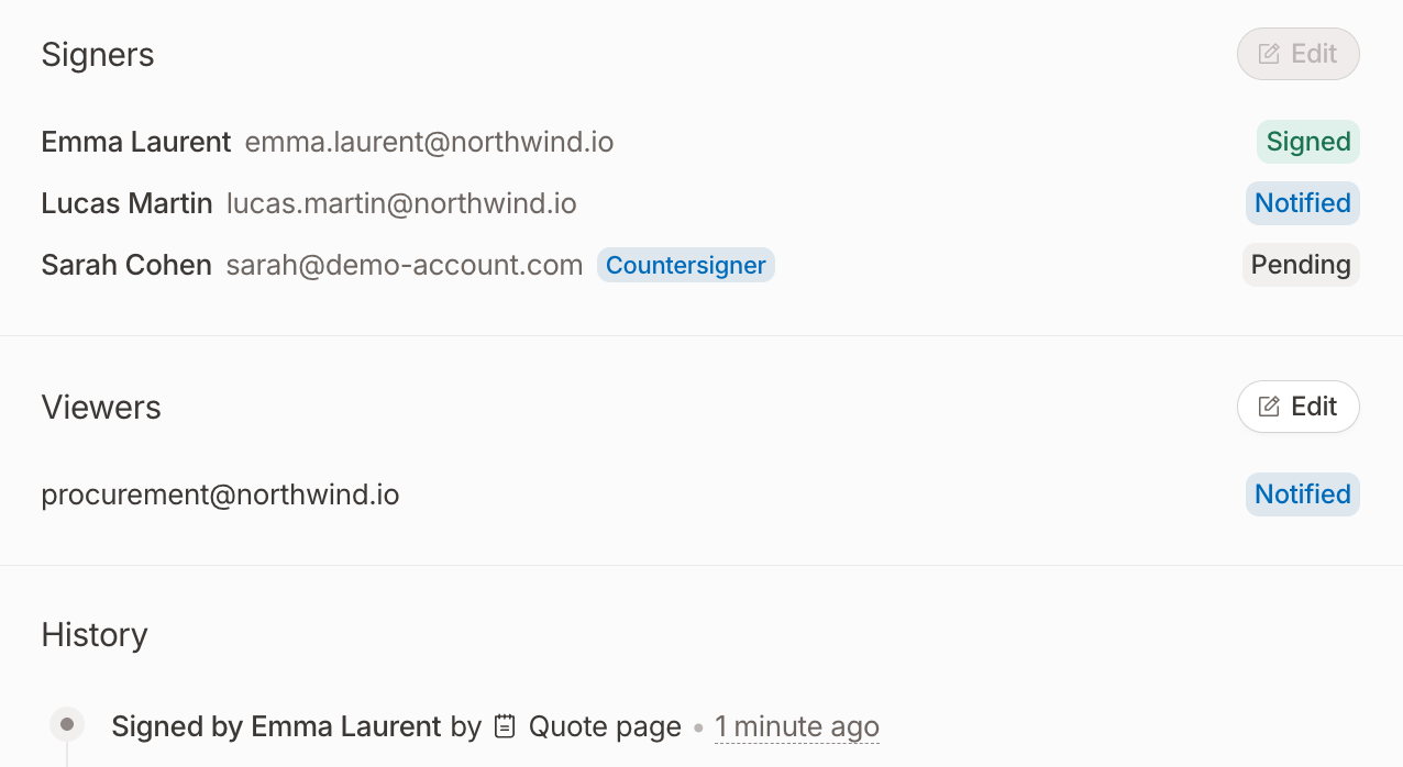 Signers section with one signed, one notified and one pending signer, the Viewers section and the History