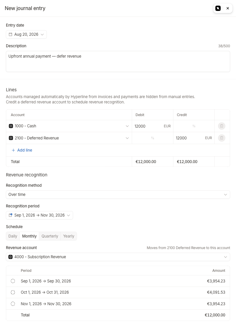 Revenue recognition section on a manual entry crediting deferred revenue