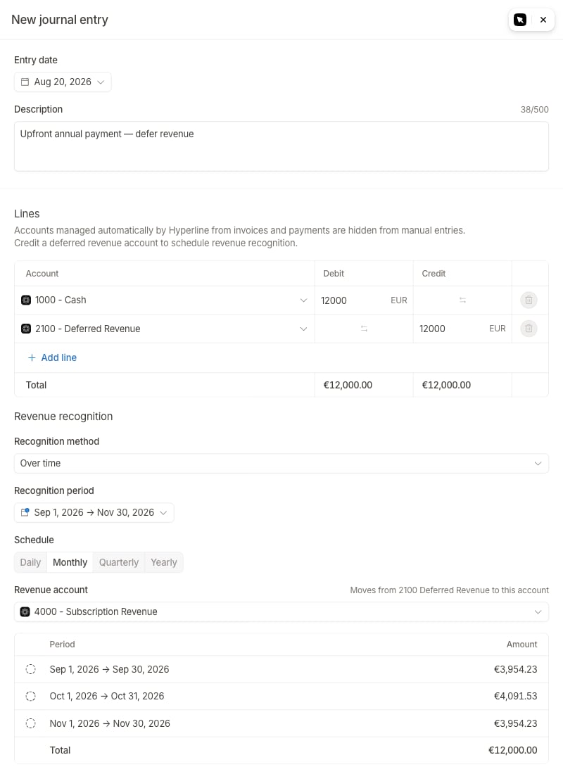 Revenue recognition section on a manual entry crediting deferred revenue
