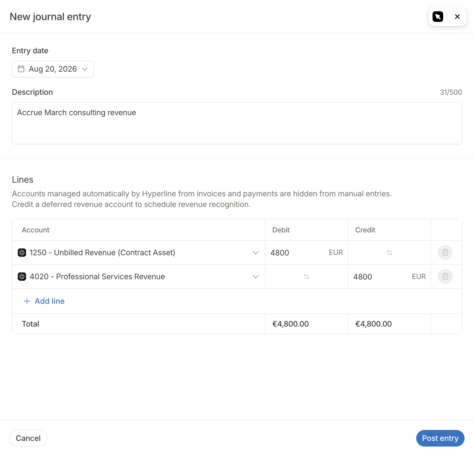 Posting a balanced two-line manual journal entry