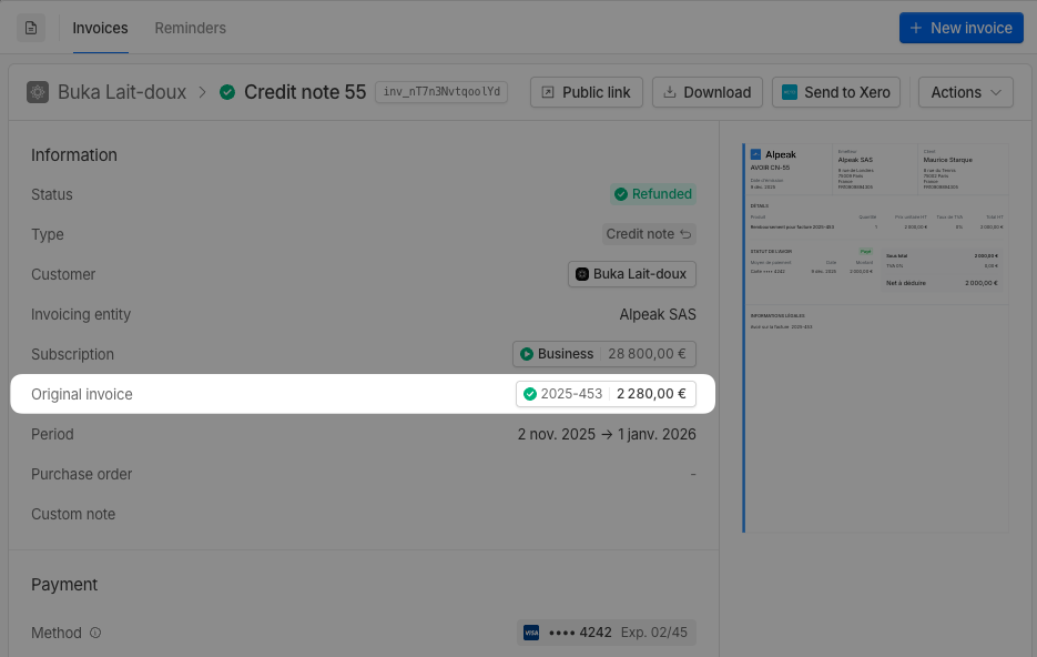 Credit note detail page showing link to original invoice