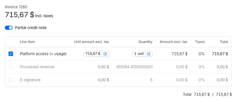 Partial credit note line items selection table