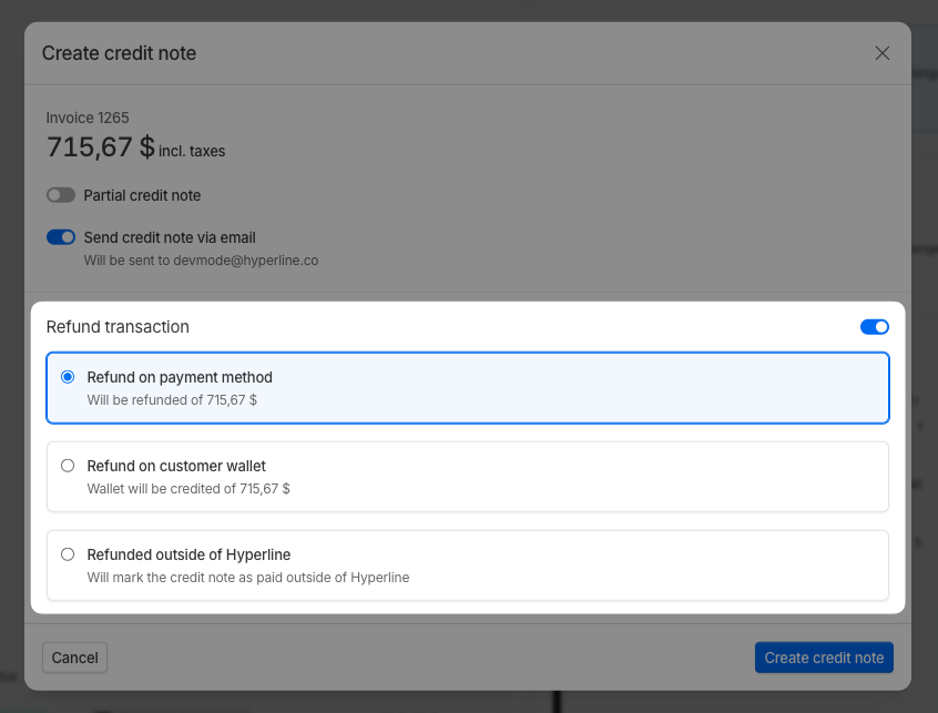 Refund transaction method selection options