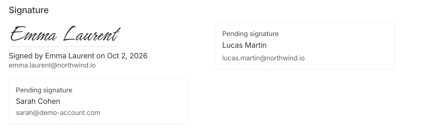 Signature block with one signature and two pending signatures
