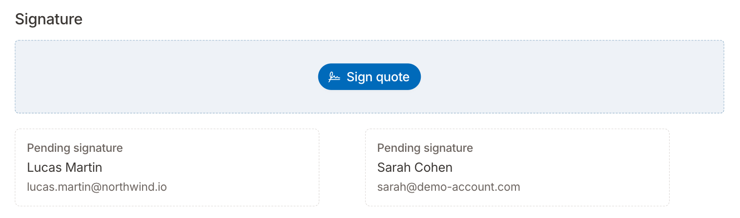 Signature block with the Sign quote button and two pending signatures