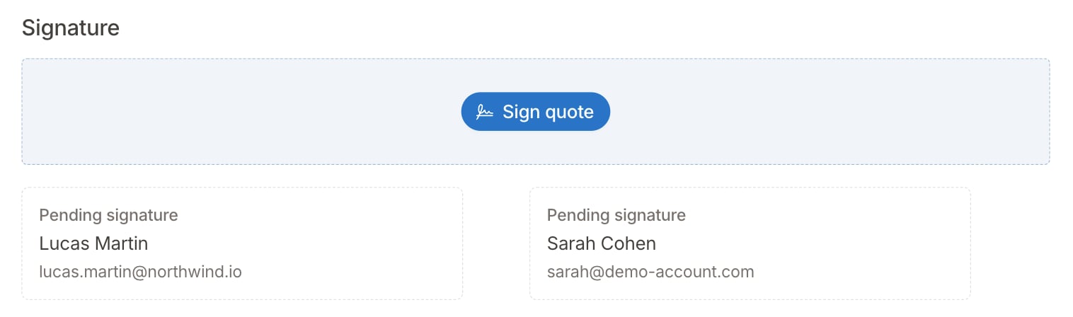 Signature block with the Sign quote button and two pending signatures
