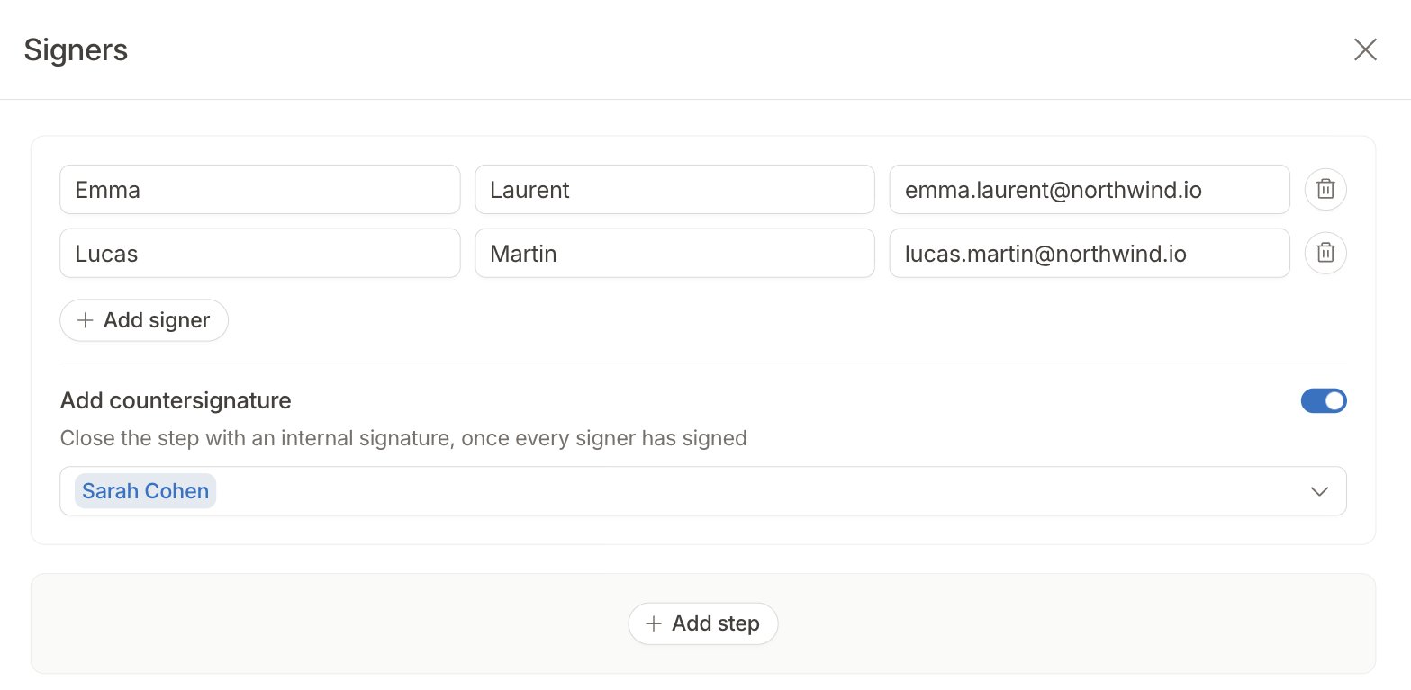Signers panel with two signers in one step and the Add countersignature toggle turned on