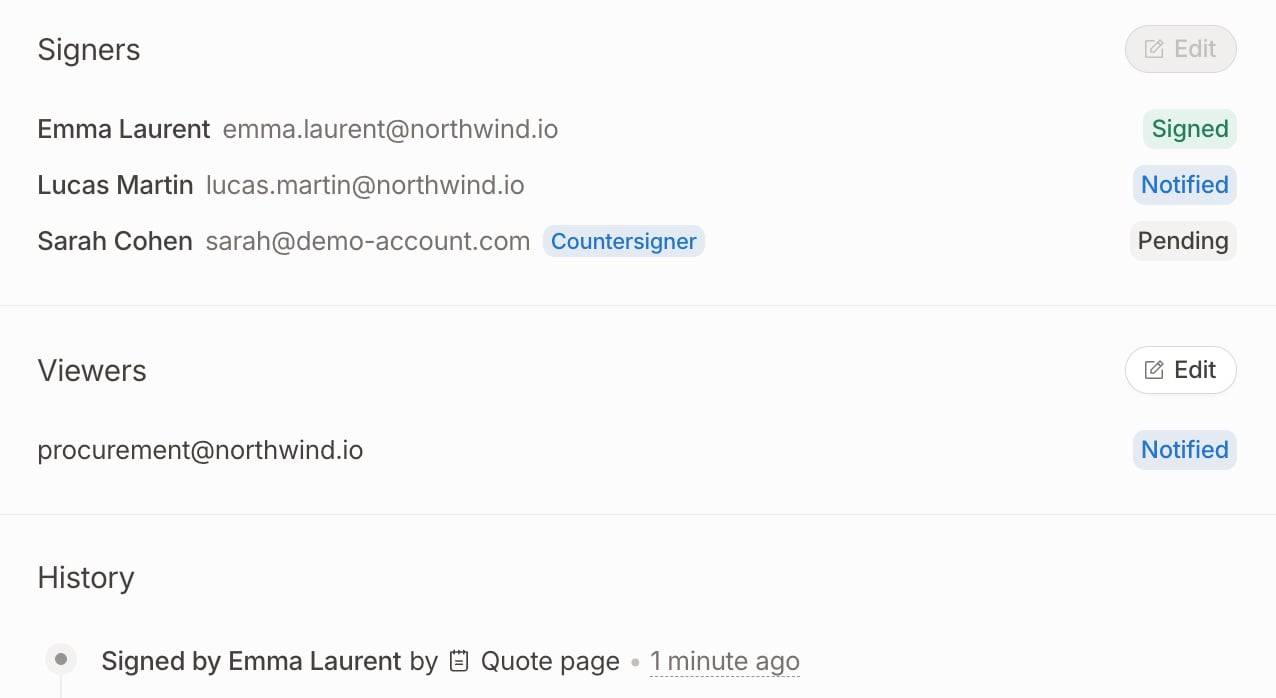 Signers section with one signed, one notified and one pending signer, the Viewers section and the History