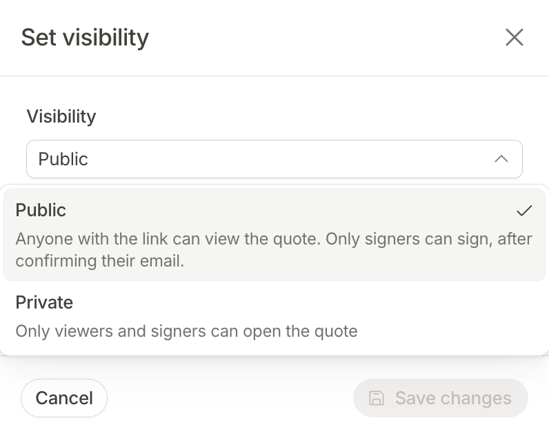 Set visibility window with the Public and Private options