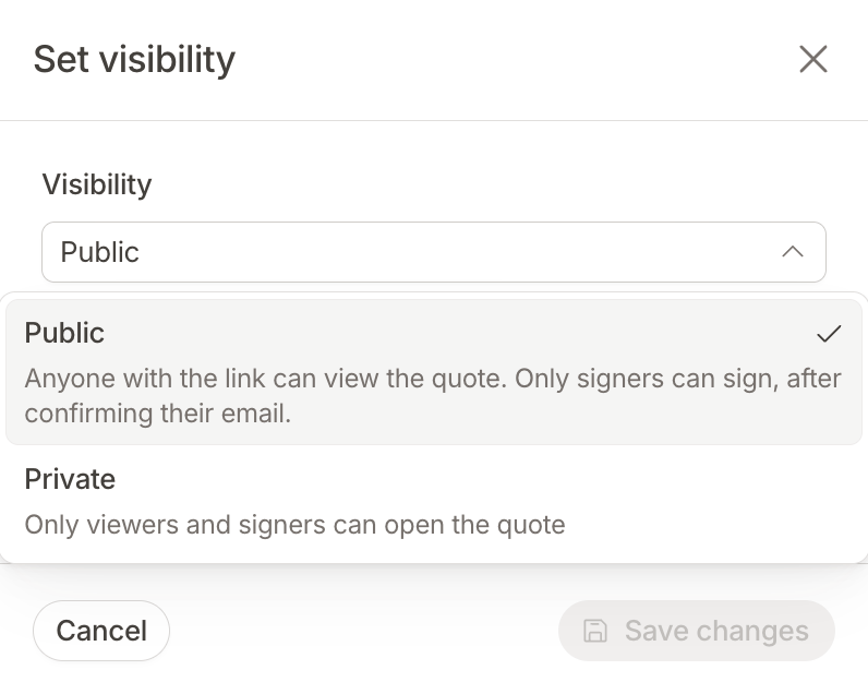 Set visibility window with the Public and Private options