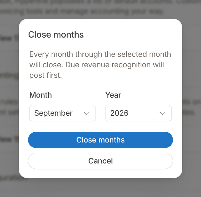 Close months modal with the month and year to close through