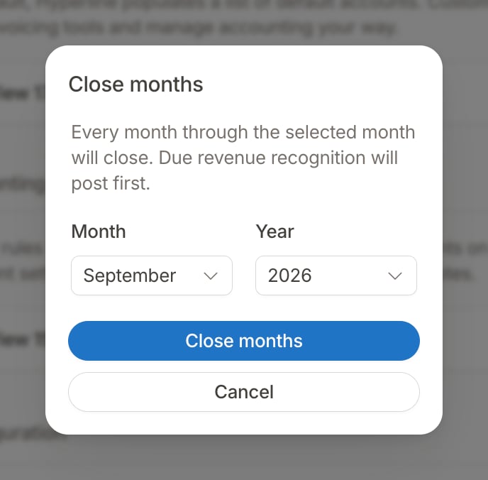 Close months modal with the month and year to close through