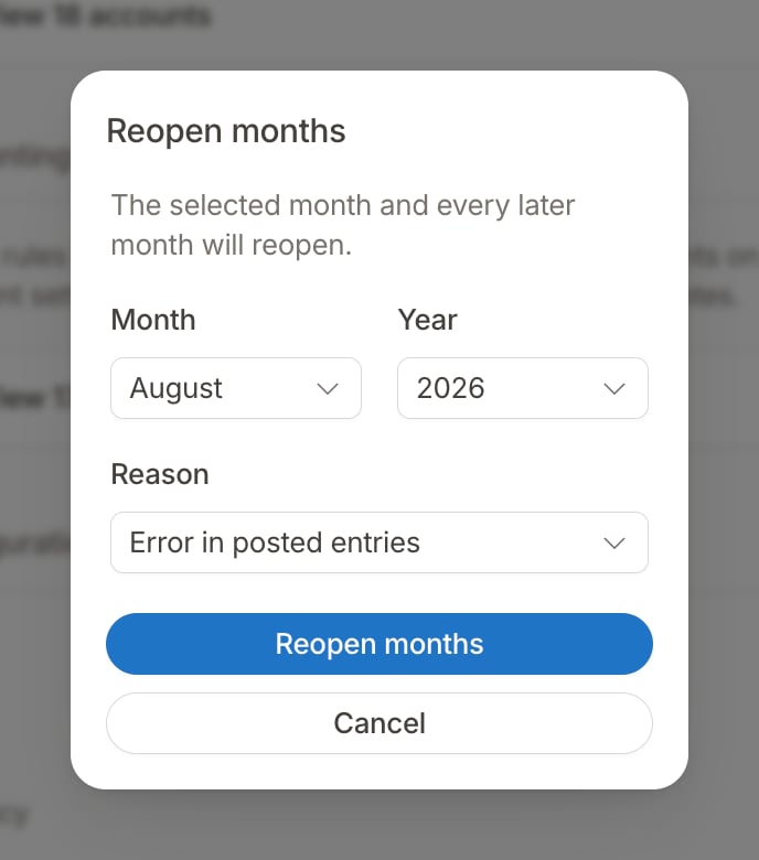 Reopen months modal with the month to reopen from and a reason