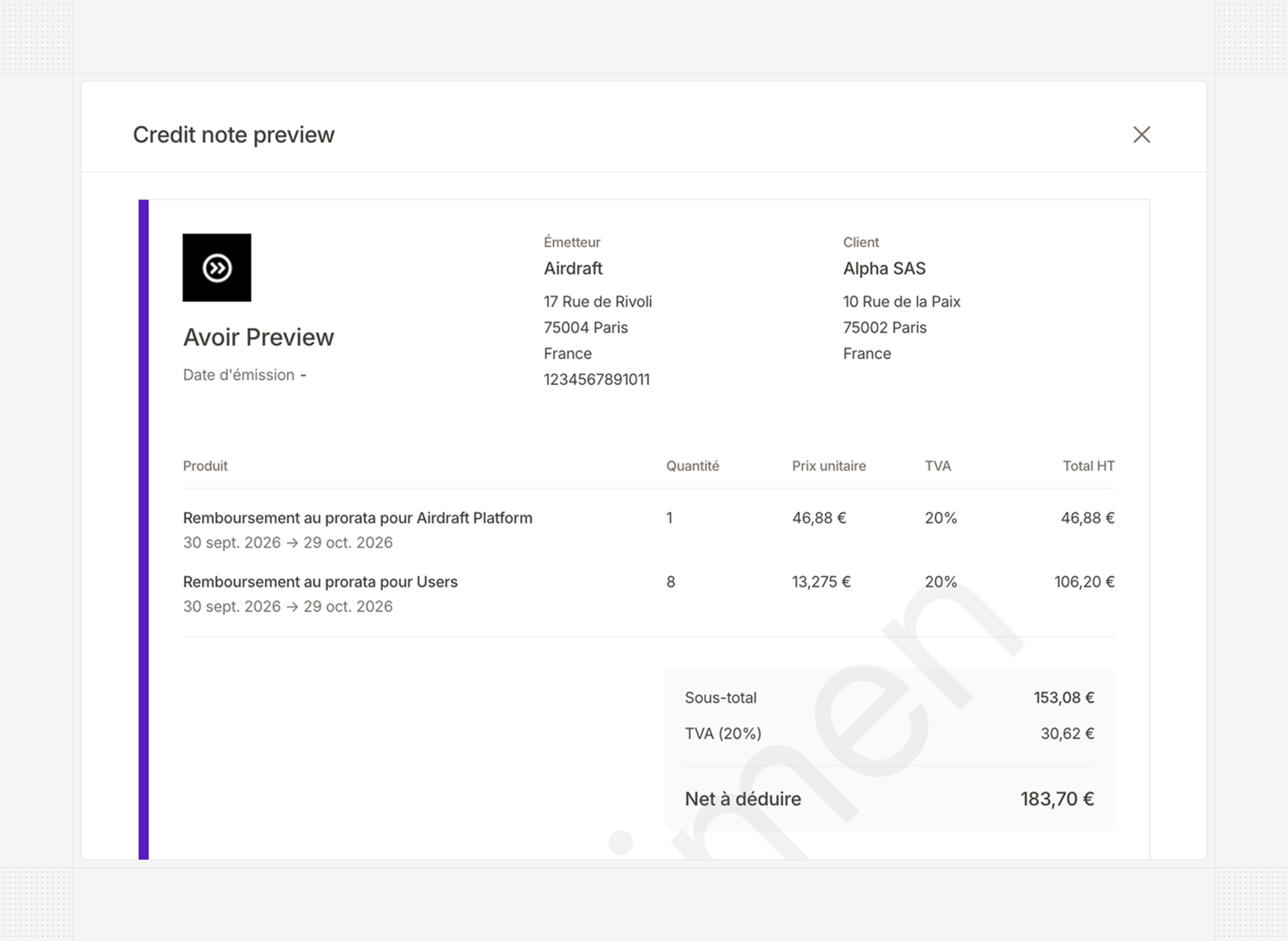 Credit note preview during subscription cancellation