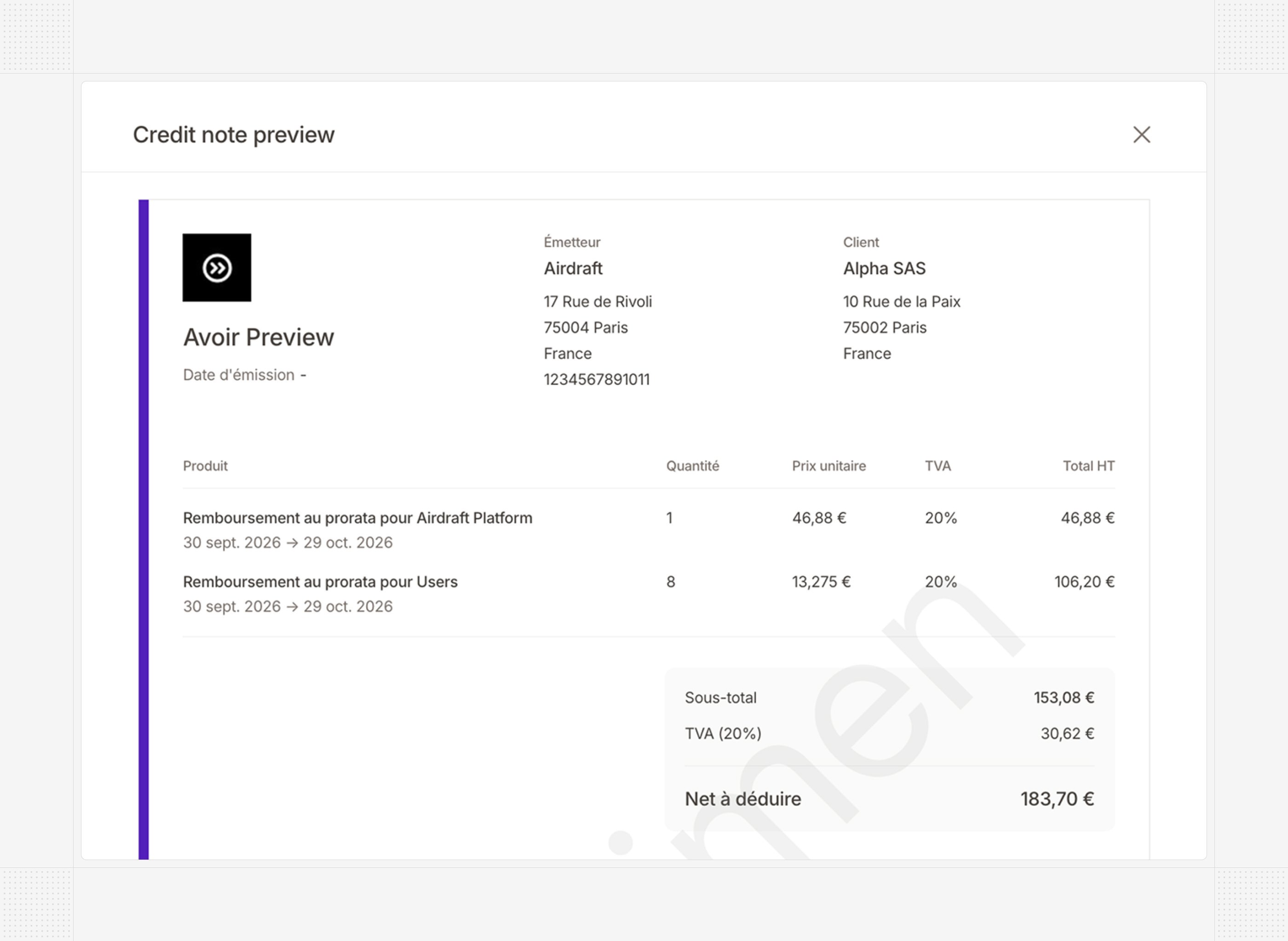 Credit note preview during subscription cancellation