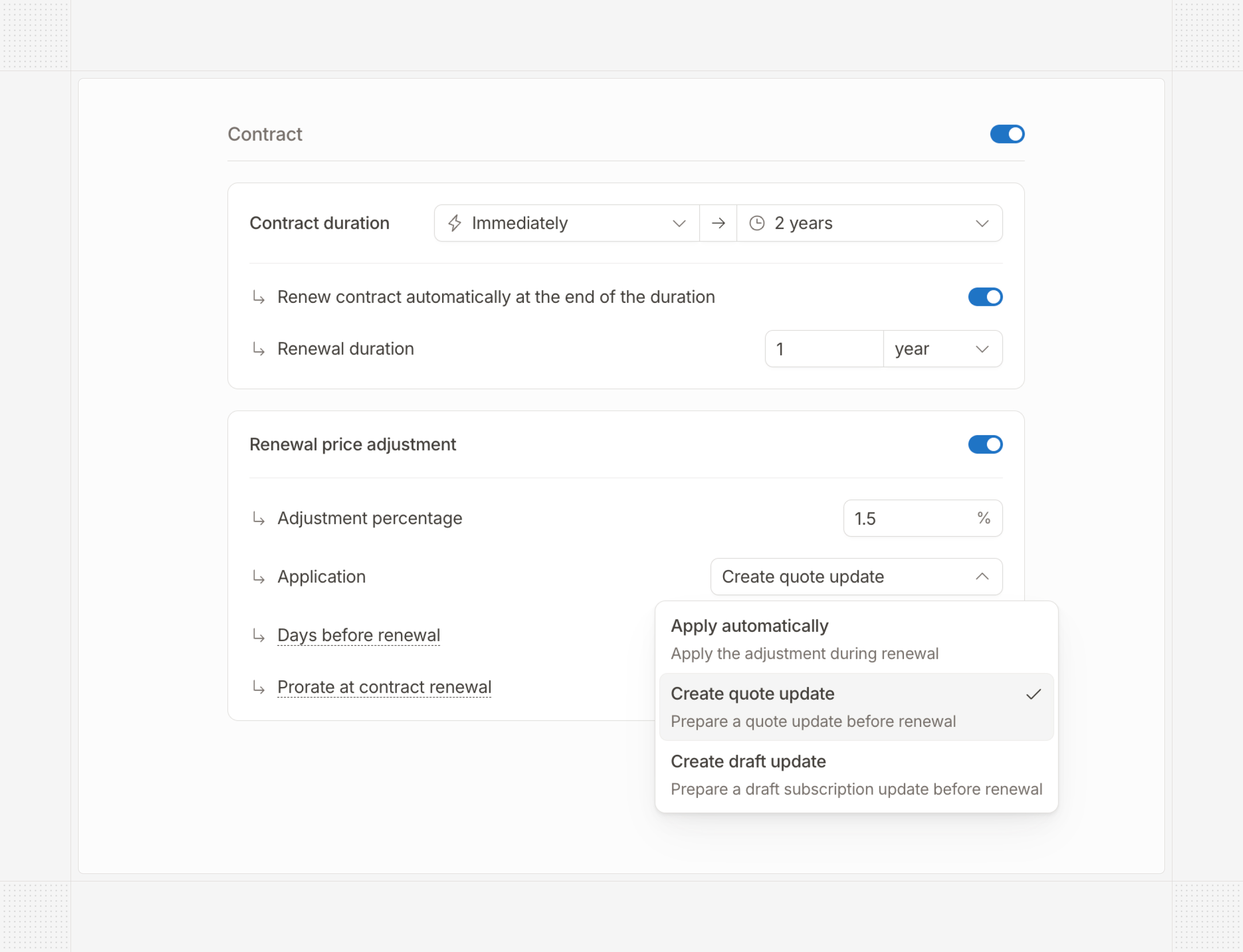 Contract renewal price adjustment settings