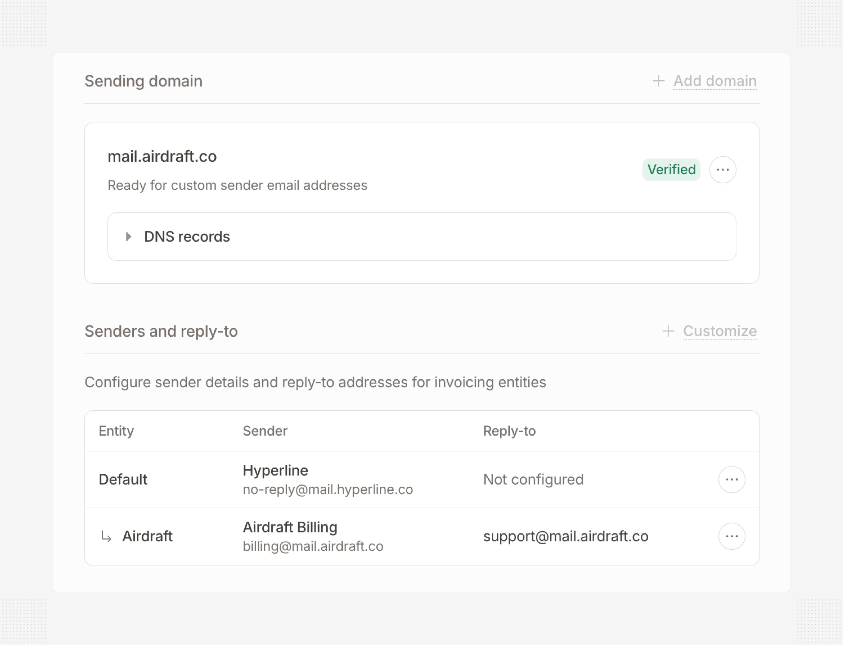 Email settings with a custom sending domain