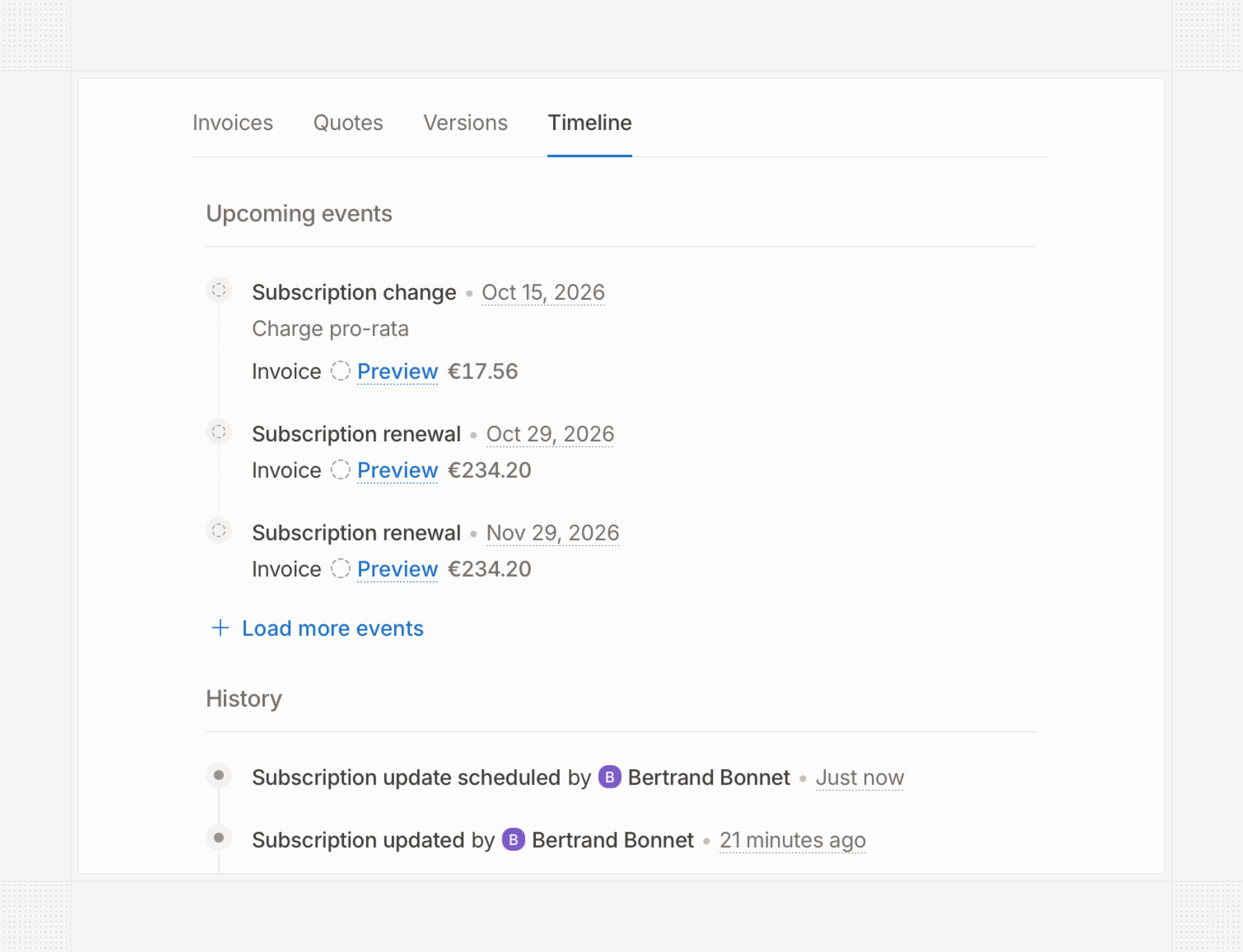Upcoming events in a subscription timeline