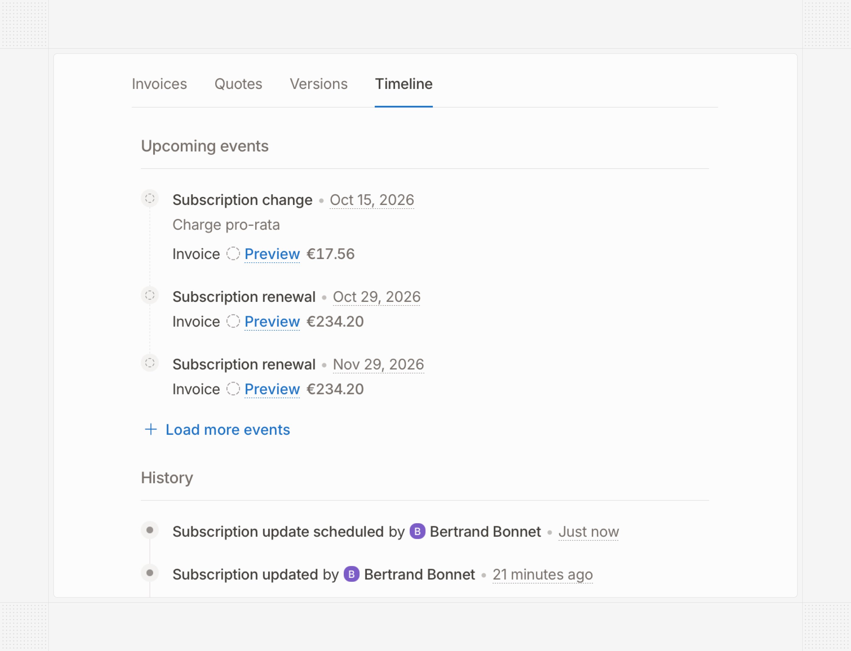Upcoming events in a subscription timeline