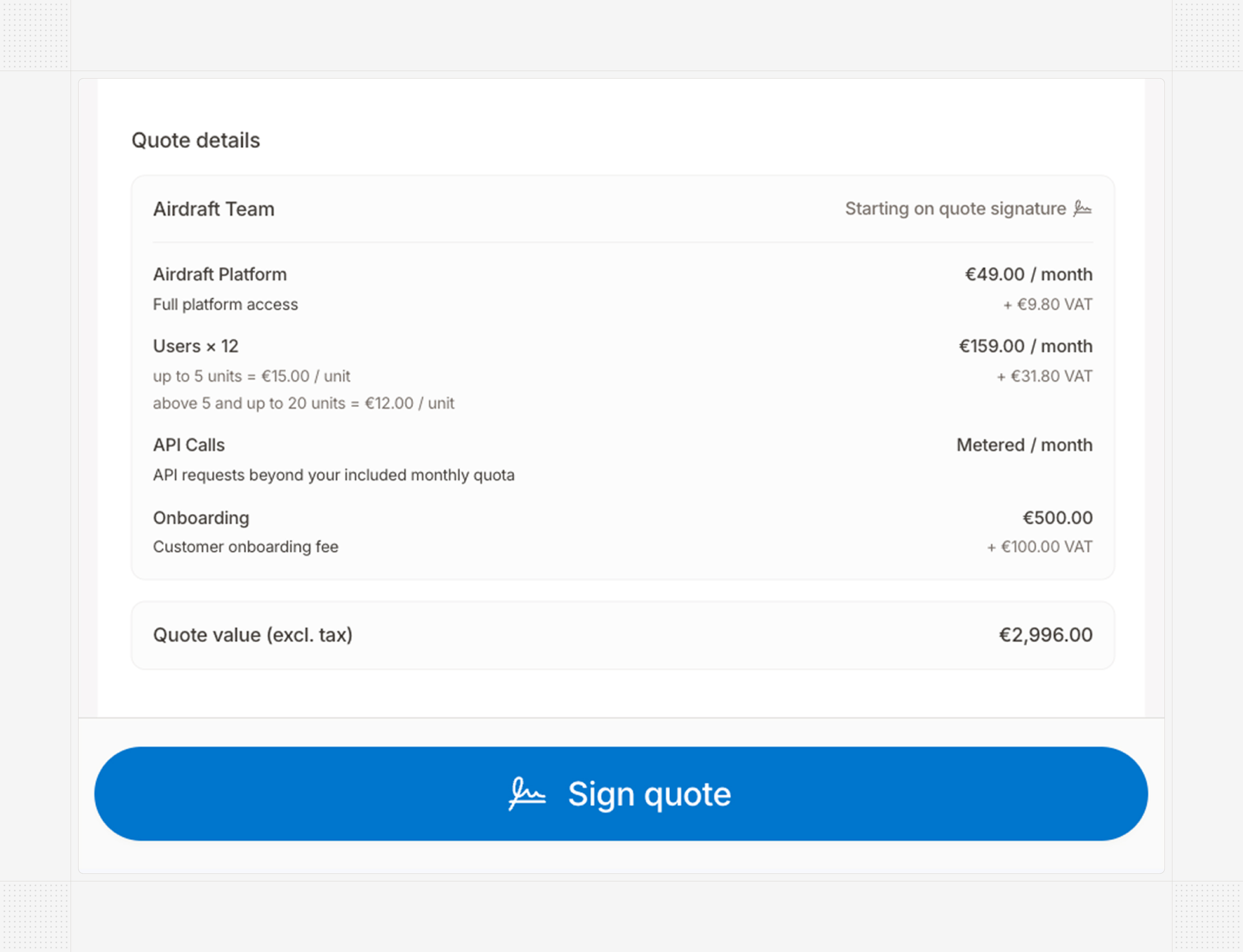 Mobile quote page with a persistent signing button