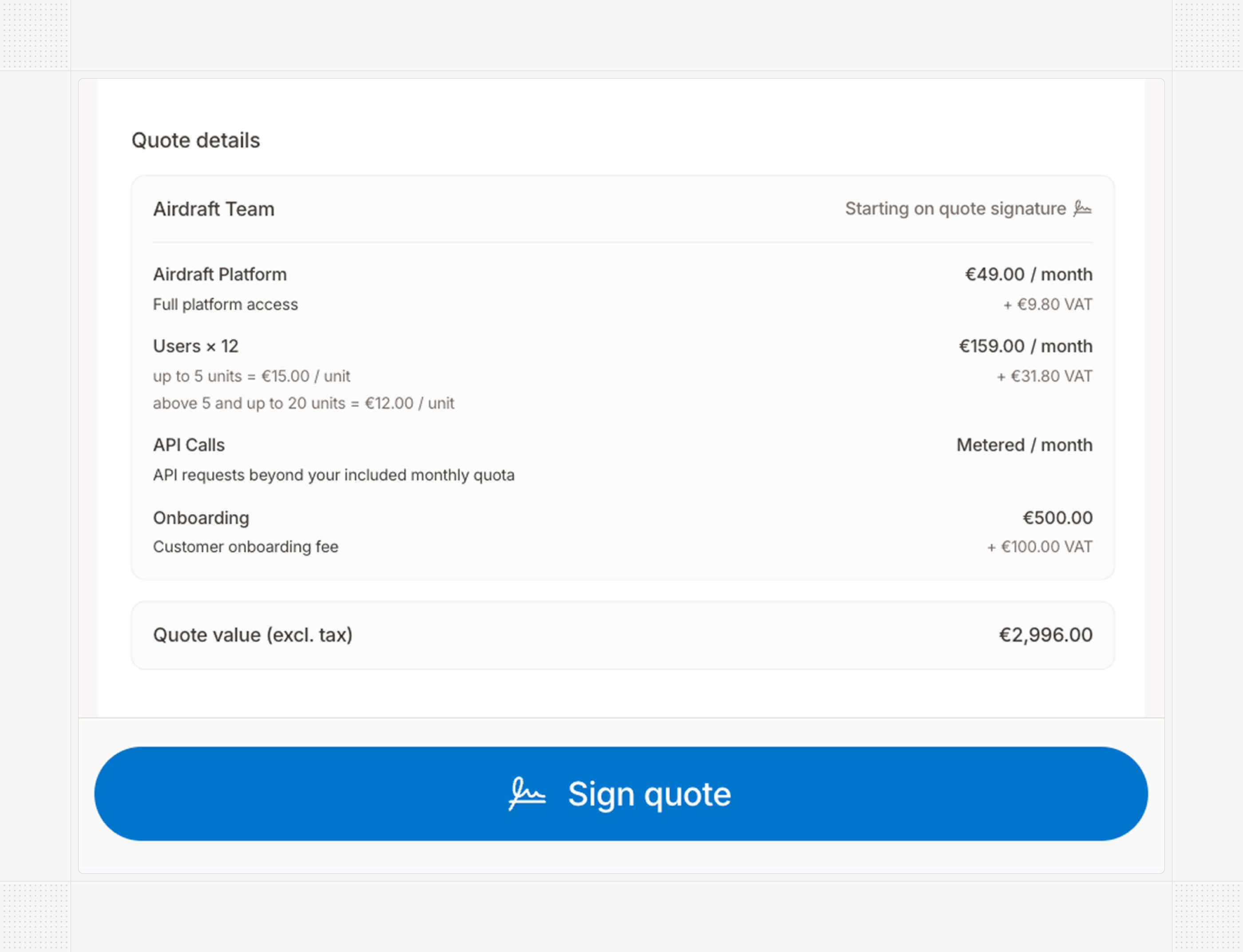 Mobile quote page with a persistent signing button