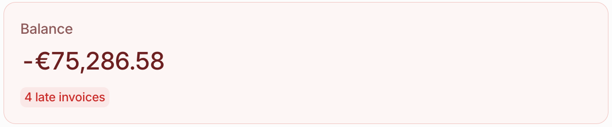 Red balance card with a late invoices tag