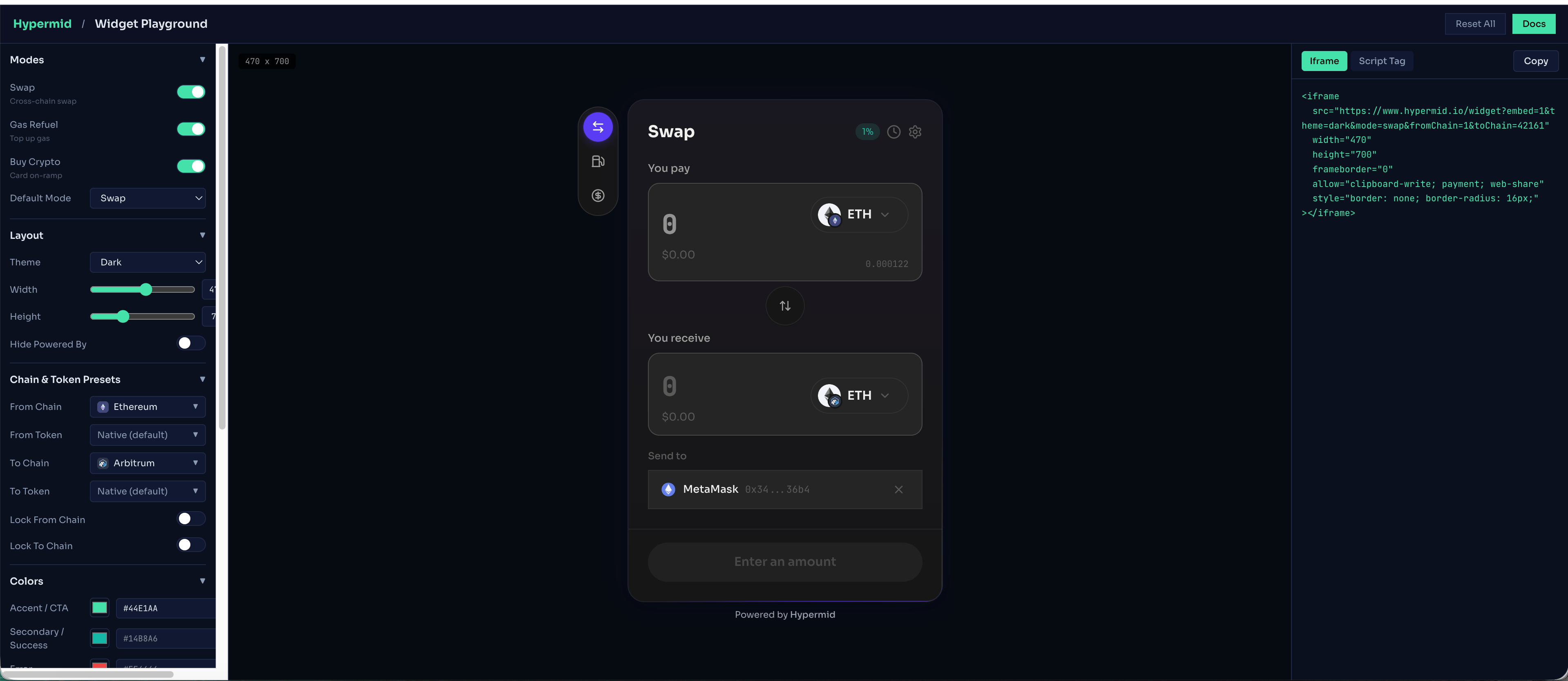 Hypermid Widget Playground — three columns: configuration controls on the left, live widget preview in the middle, copyable embed code on the right