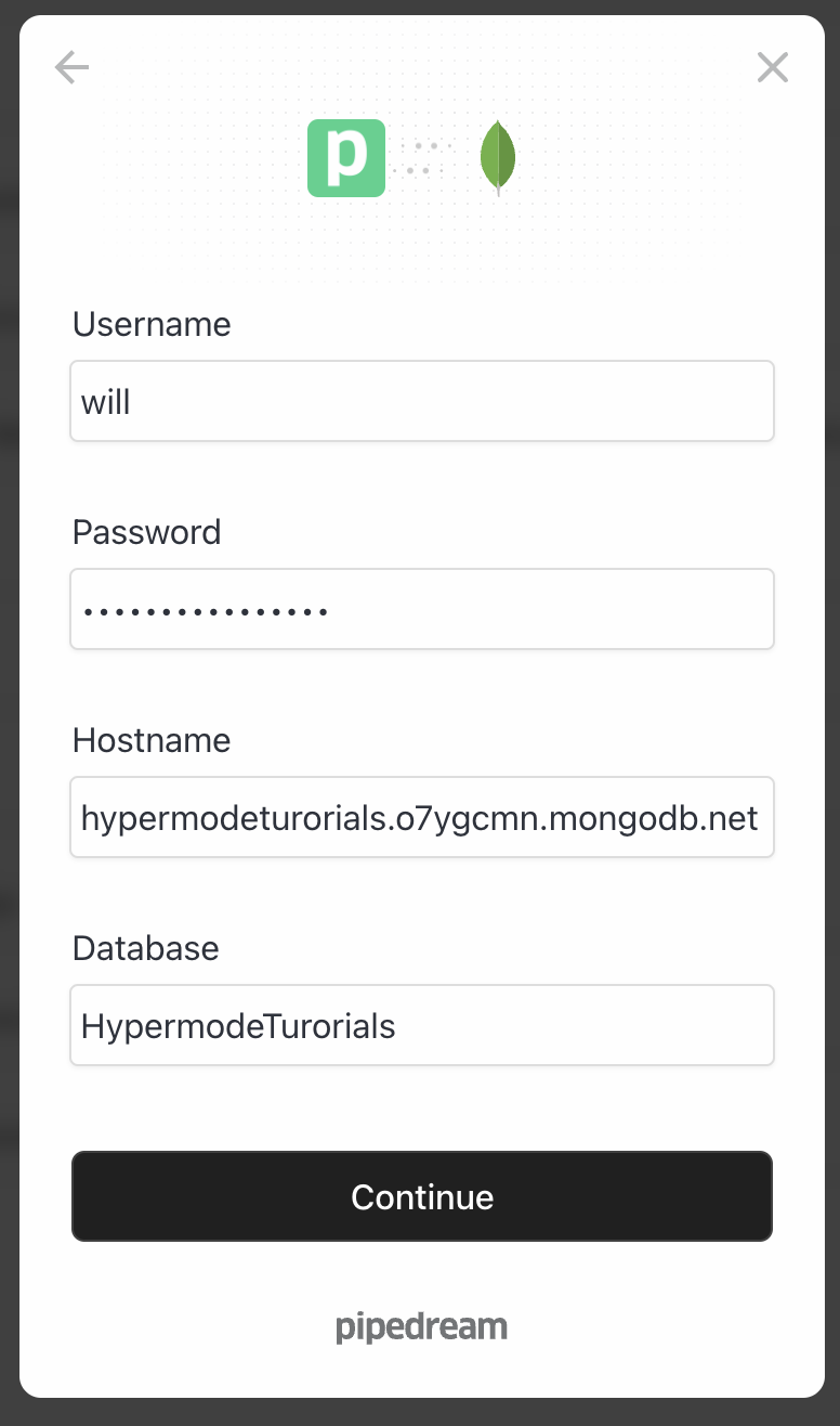 MongoDB connection modal