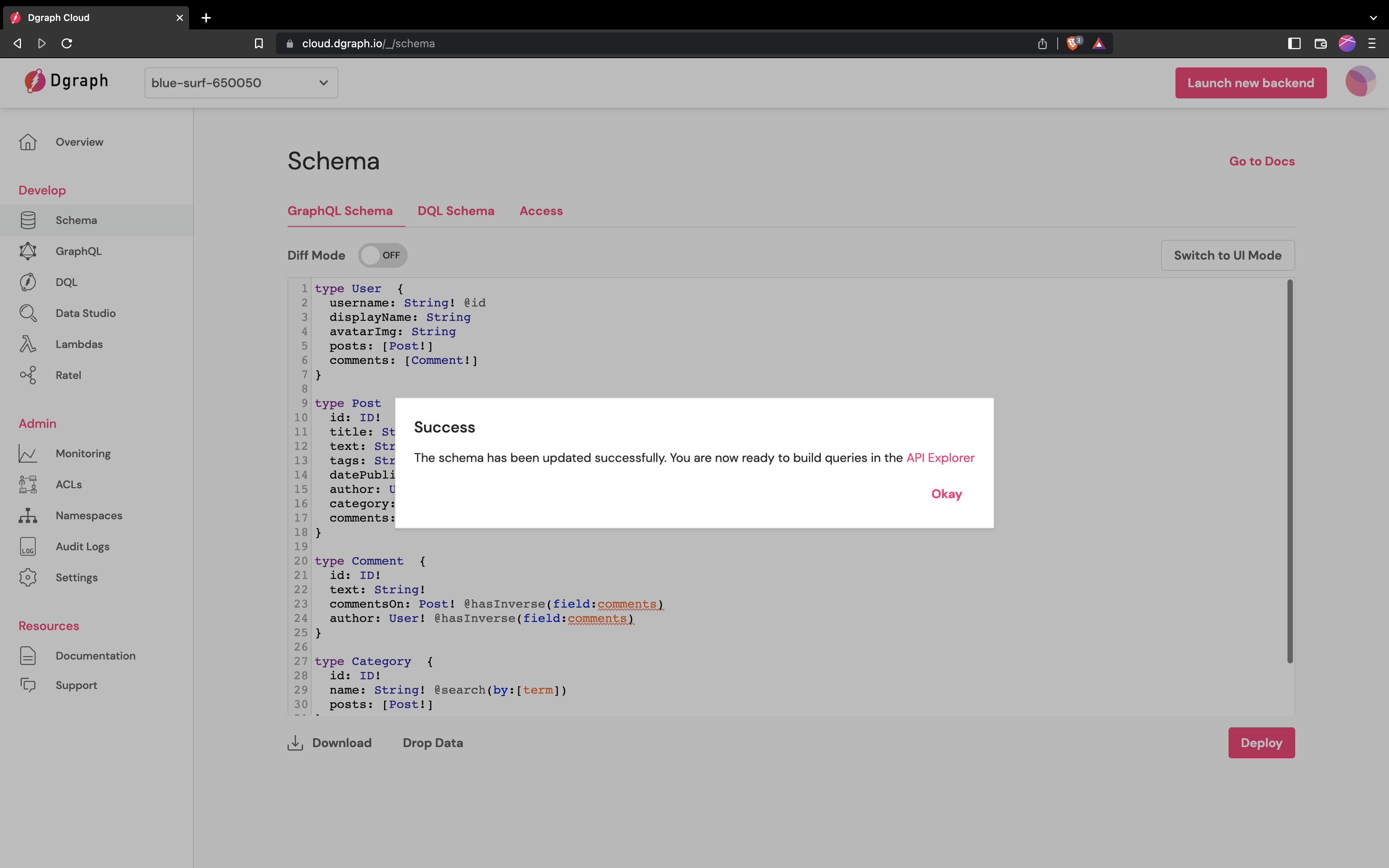 Deploy Dgraph Cloud schema
