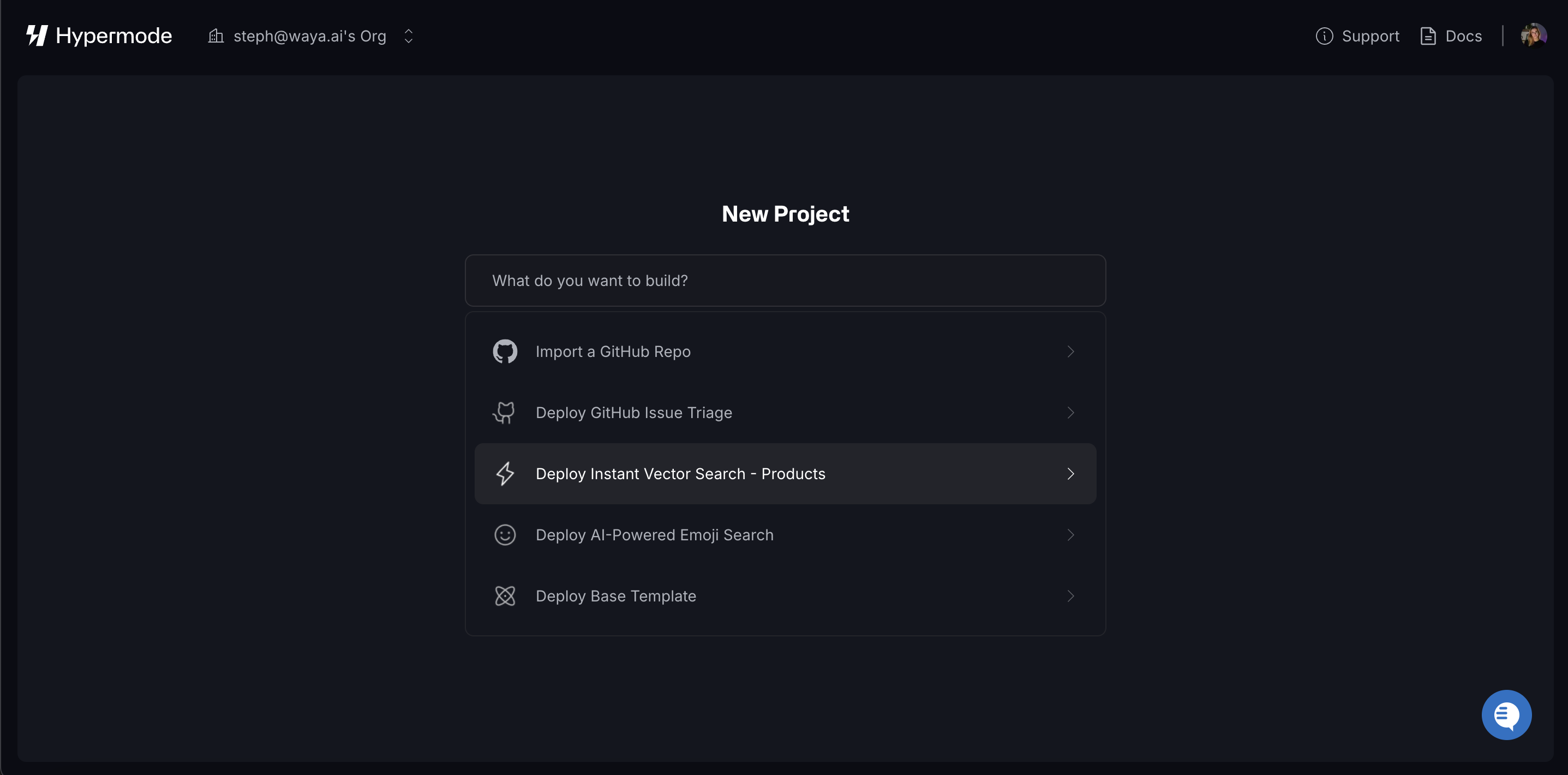 Selecting the 'Deploy instant vector search' template in the dropdown when creating a new project.