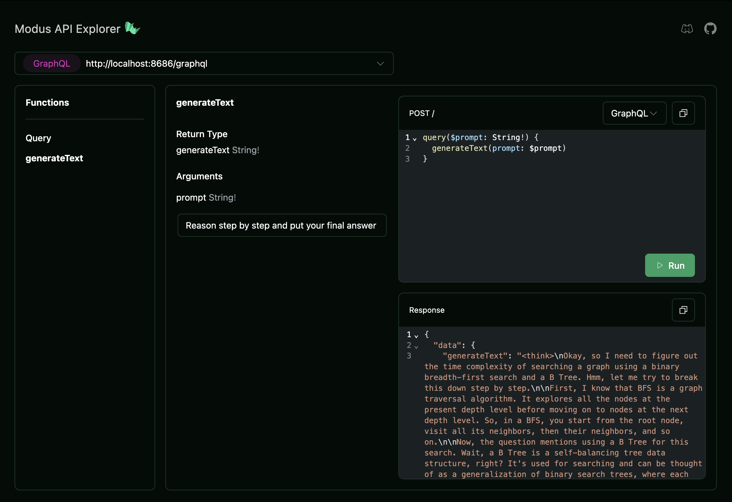 Querying the DeepSeek model using the Modus API Explorer