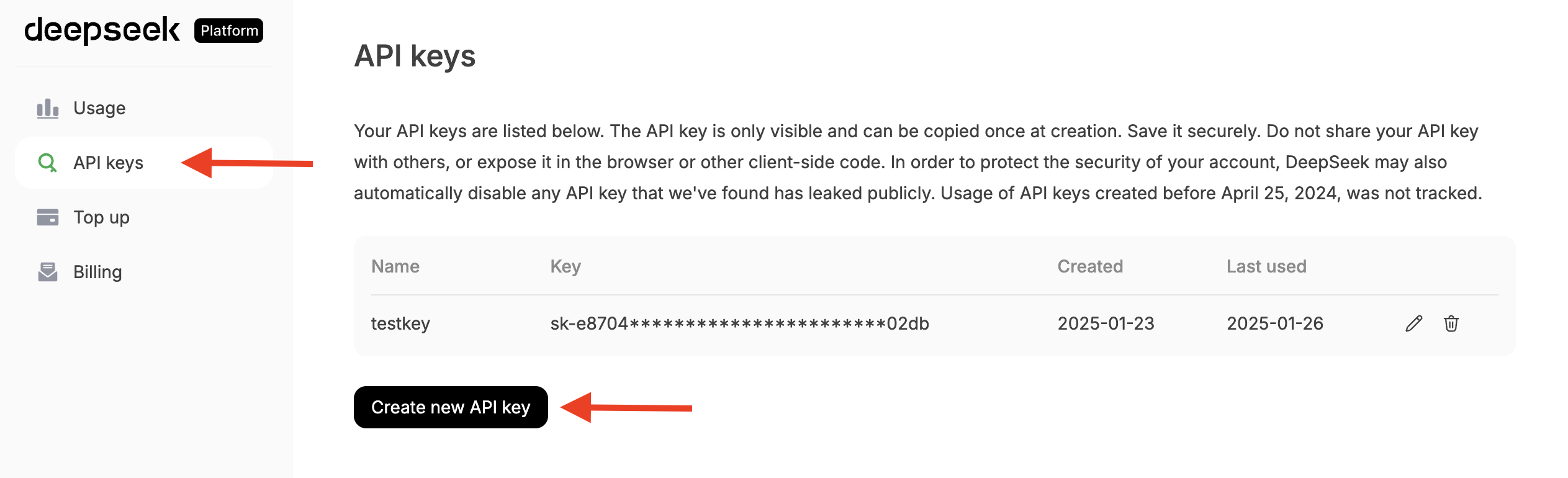 DeepSeek Platform API tokens