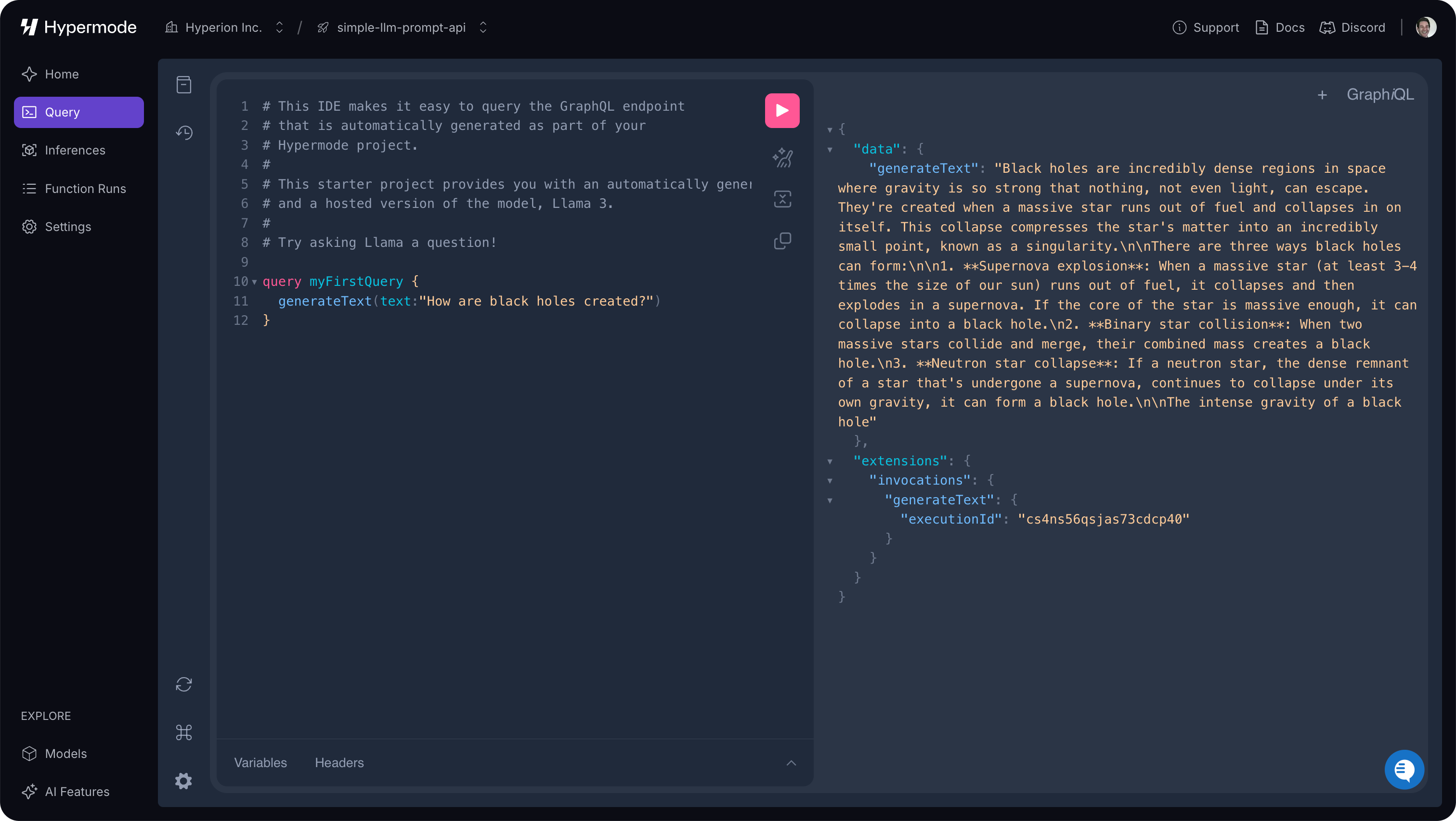 Hypermode's console showing results of query 'how are black holes created'.