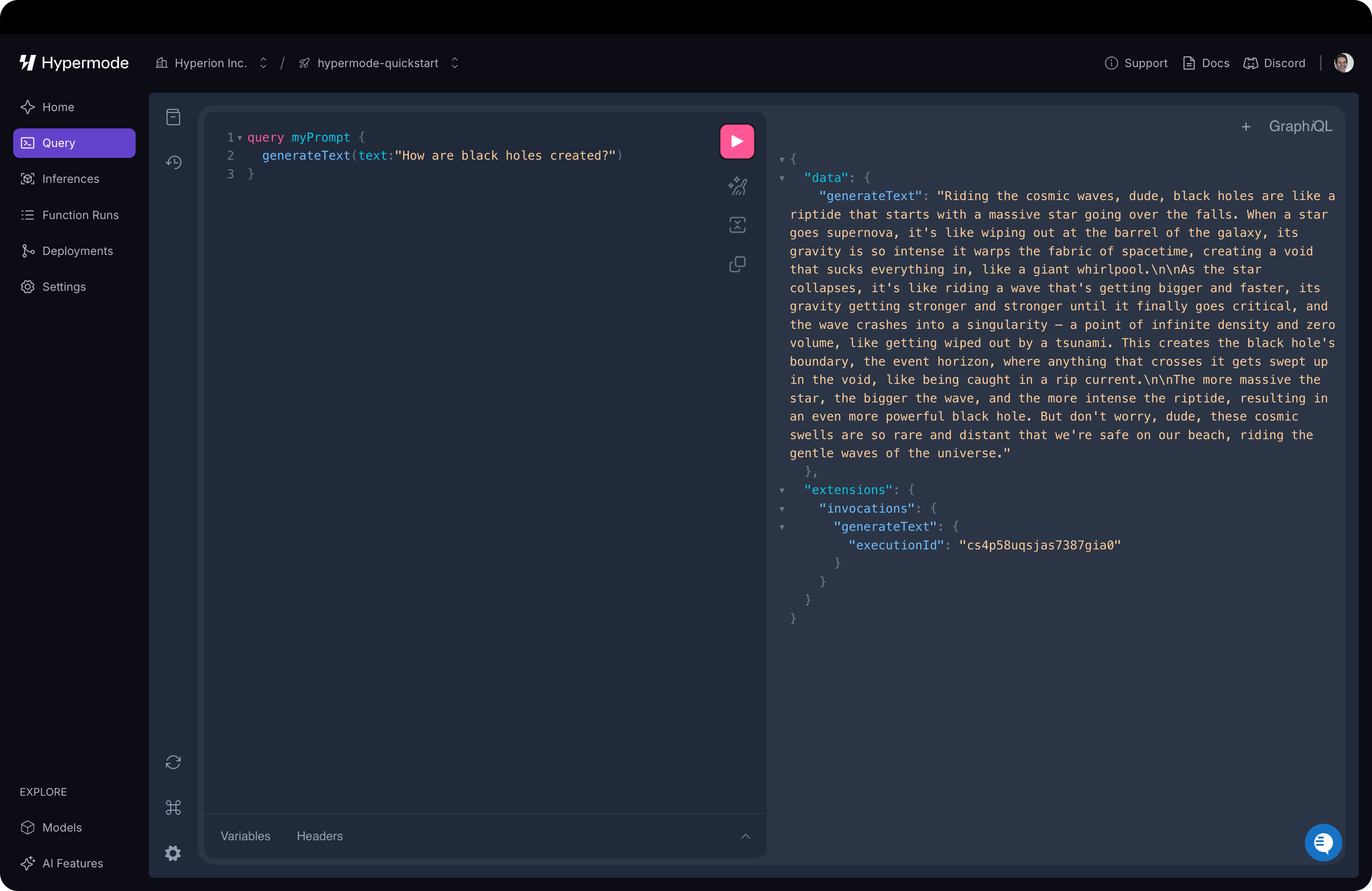 Hypermode's console showing results of new query.