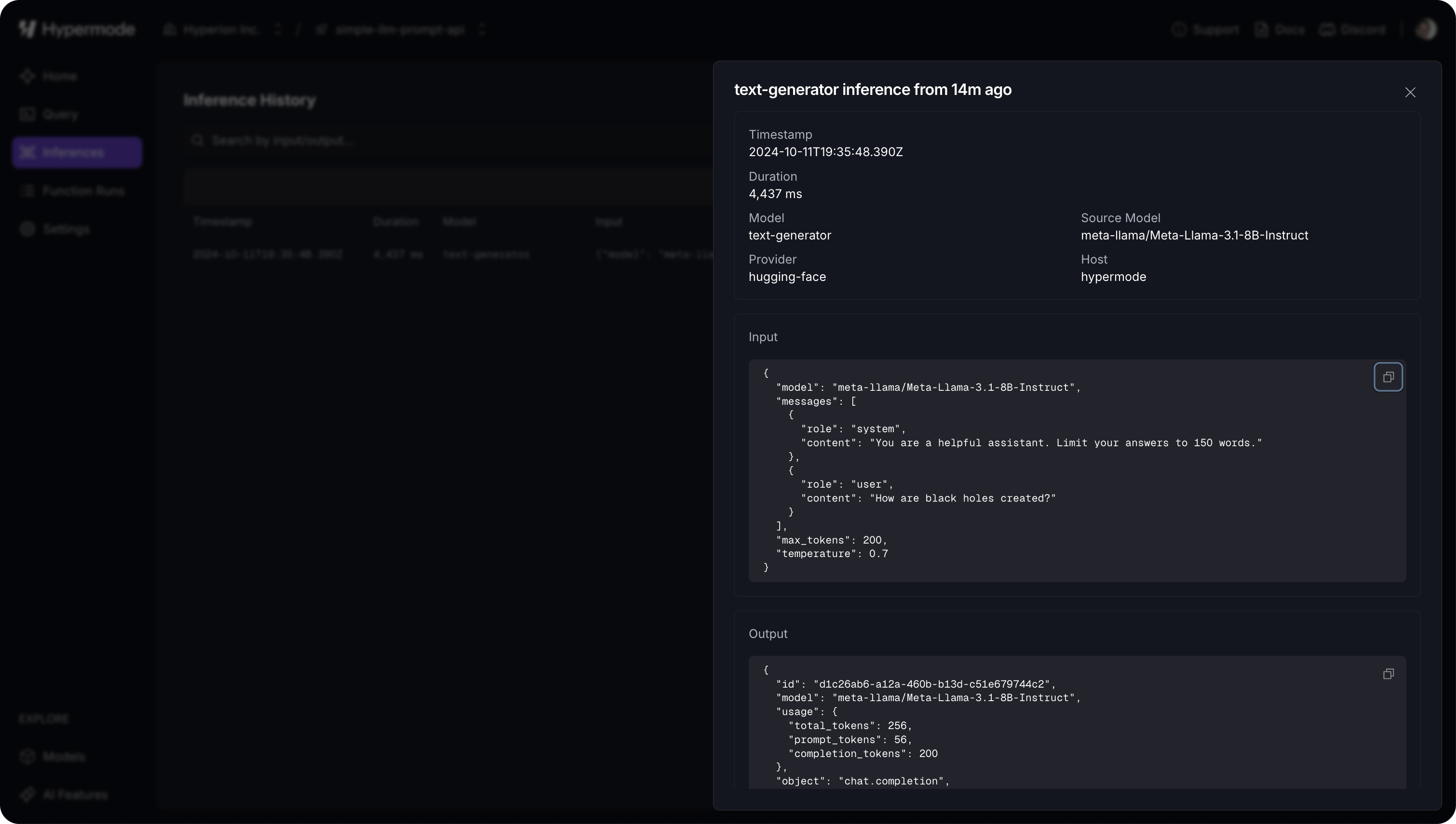 Hypermode's console showing the inputs and outputs of the last model inference.