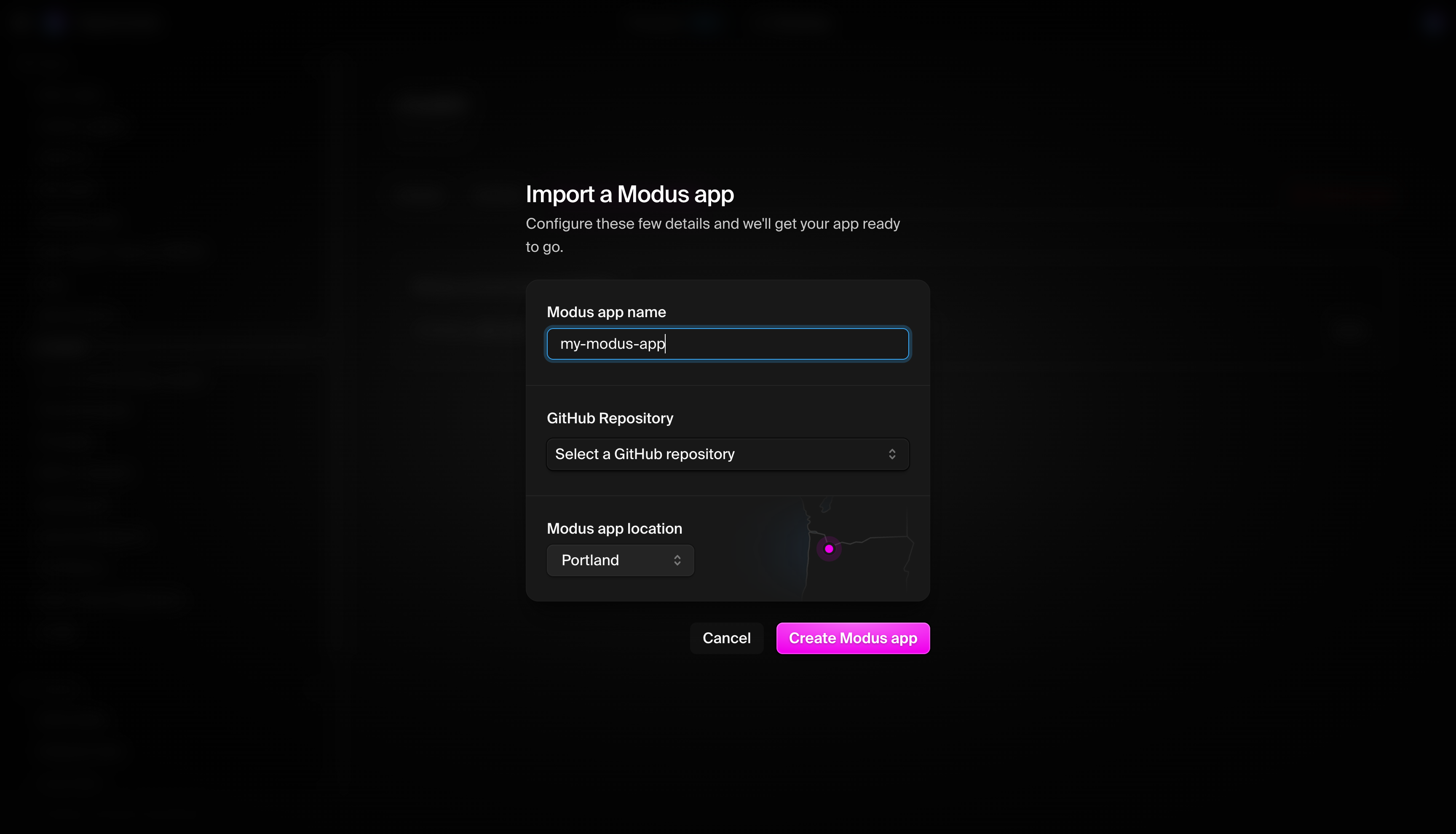 Import Modus app configuration form with app name, GitHub repository, and location fields