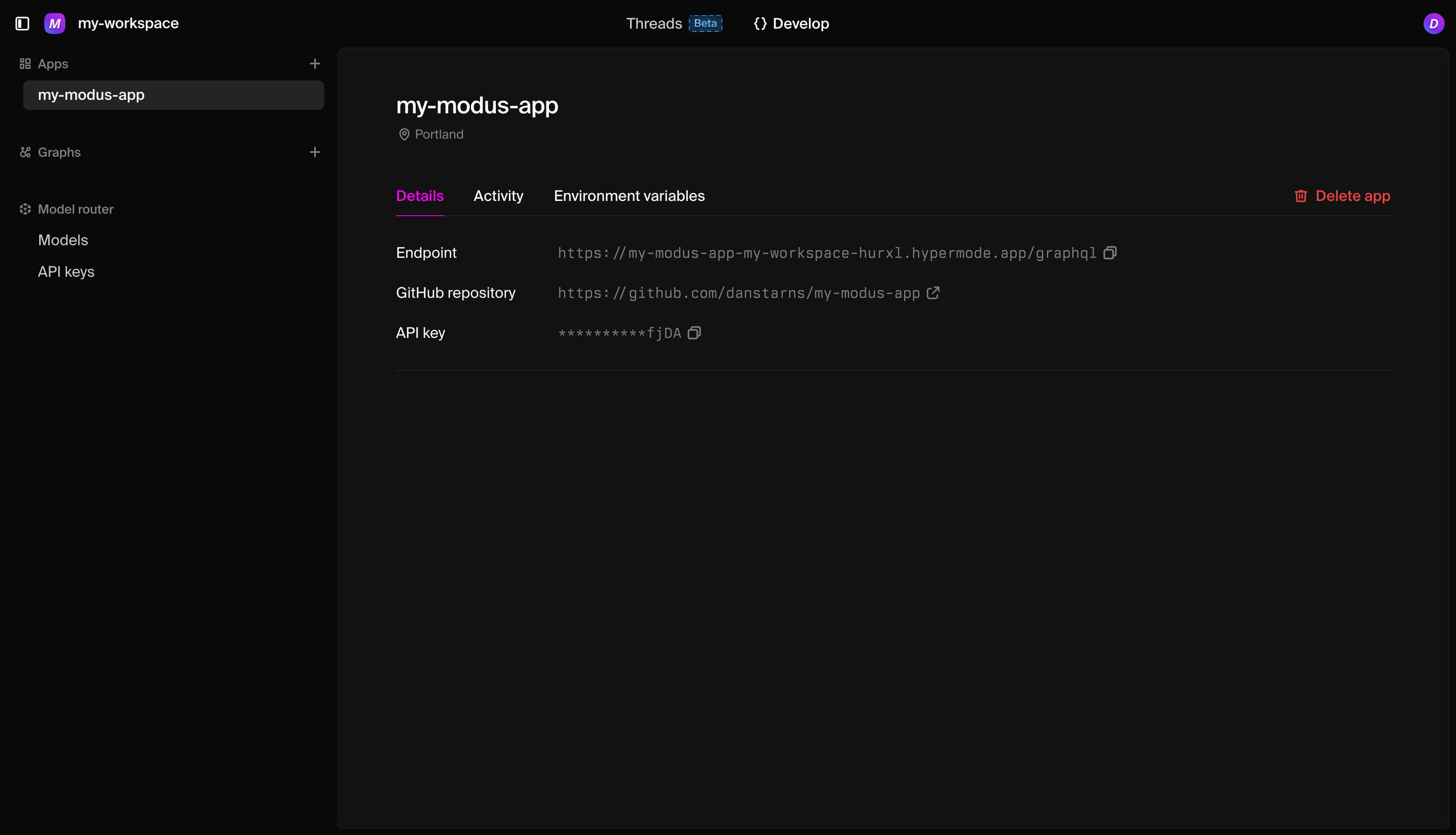 App details panel showing endpoint, GitHub repository, and API key information