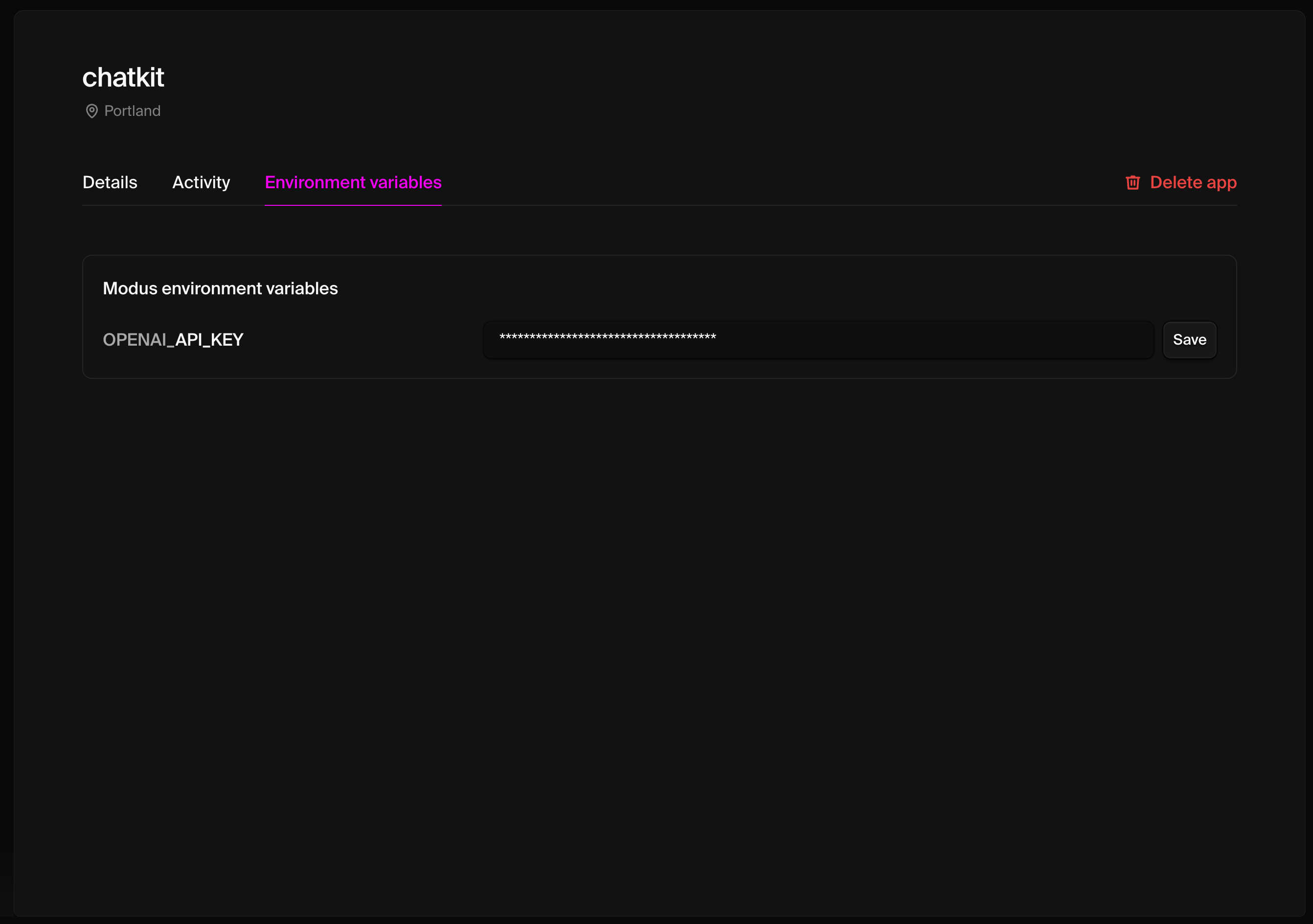 Environment variables configuration panel
