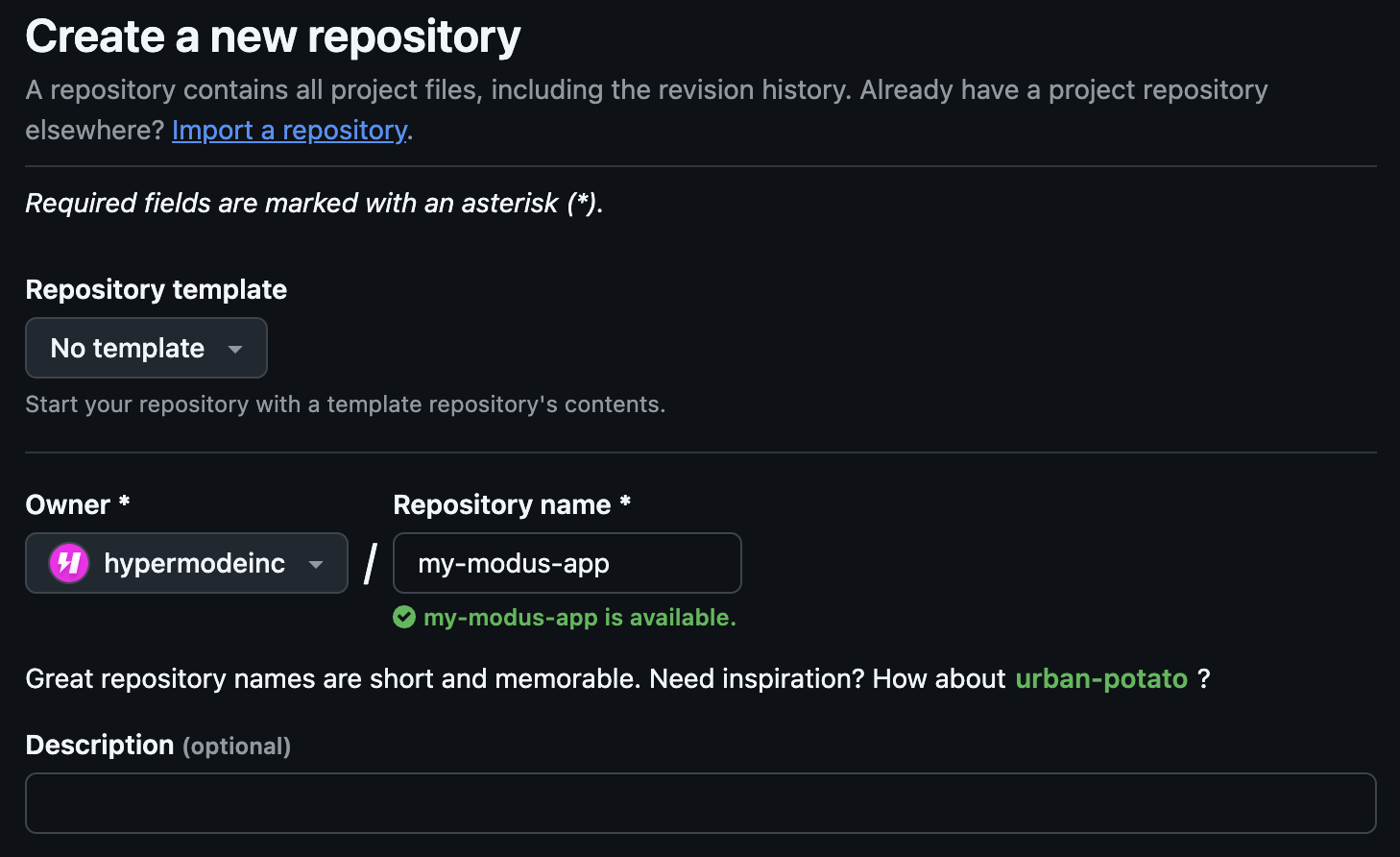 GitHub repository creation interface with repository name field