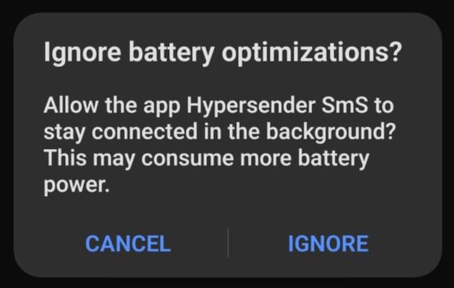 Disable battery optimization for Hypersender SmS