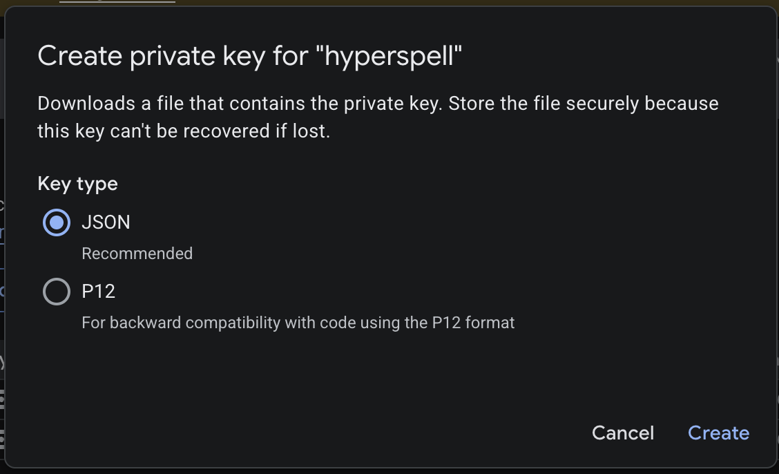 Creating a JSON private key for the hyperspell service account