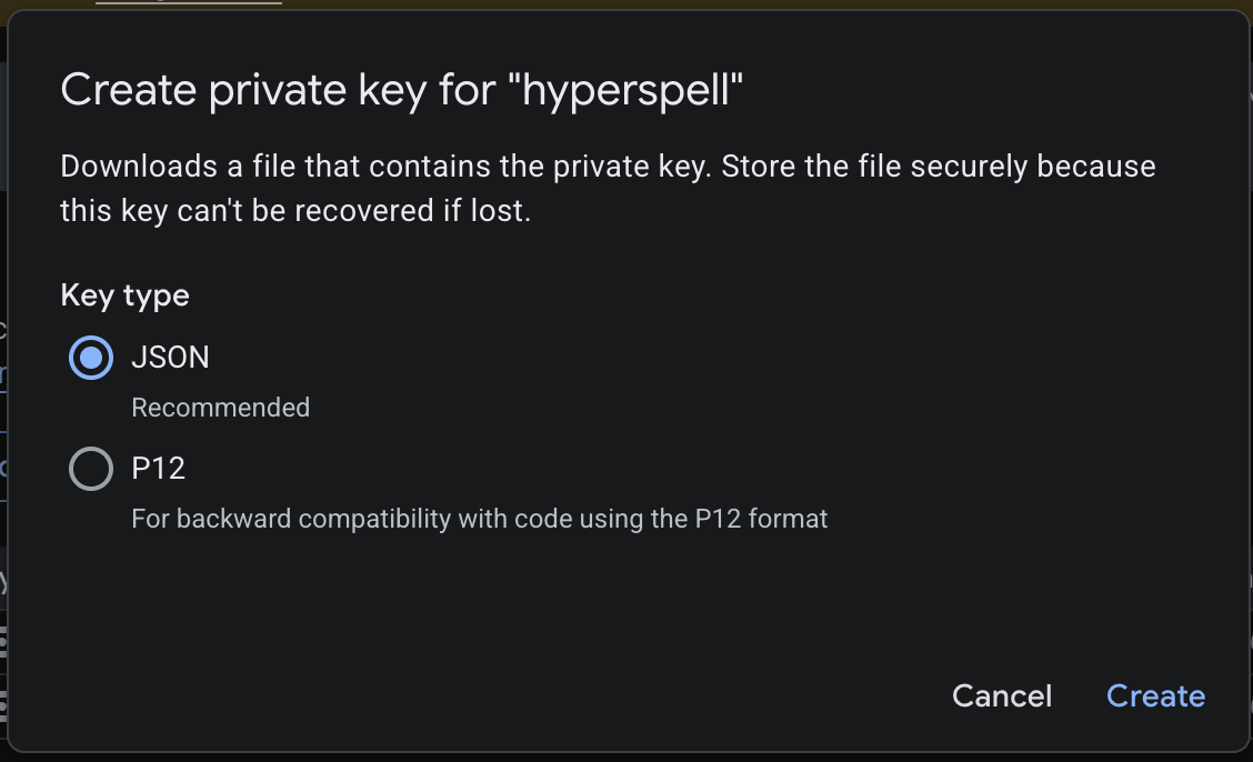 Creating a JSON private key for the hyperspell service account