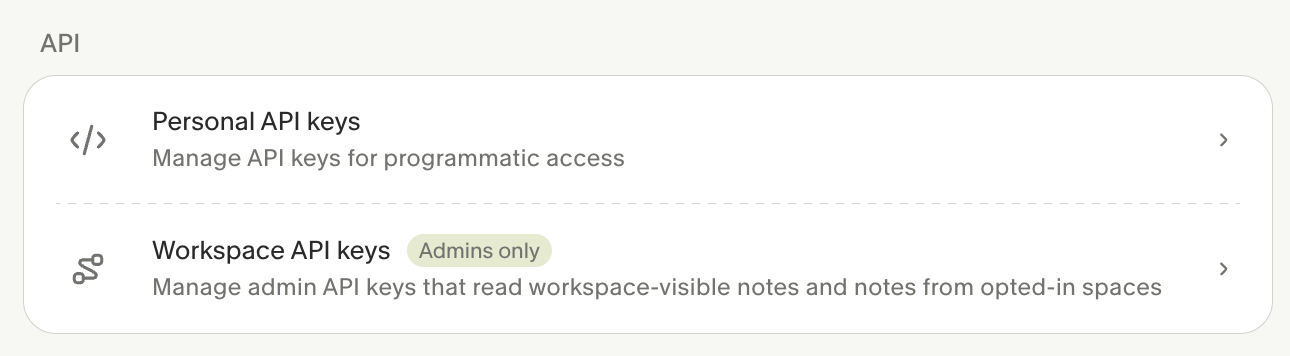 Granola settings showing Personal API keys and Workspace API keys options