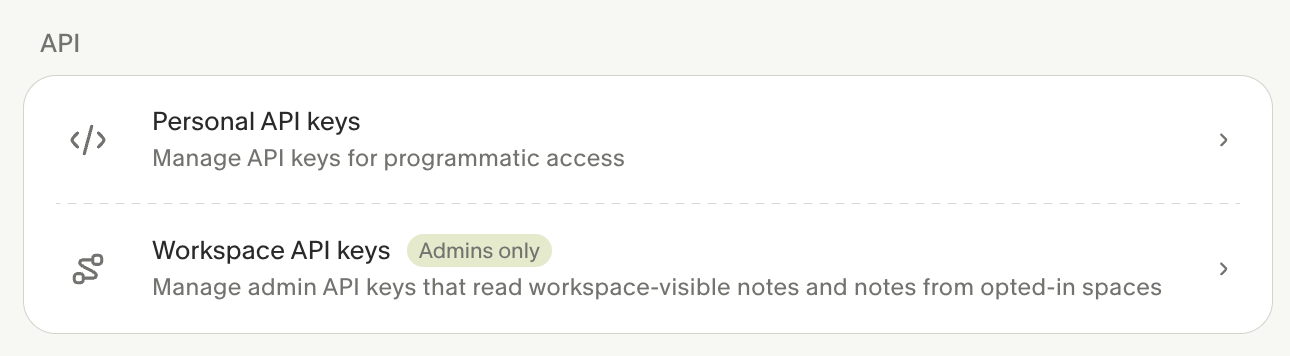 Granola settings showing Personal API keys and Workspace API keys options