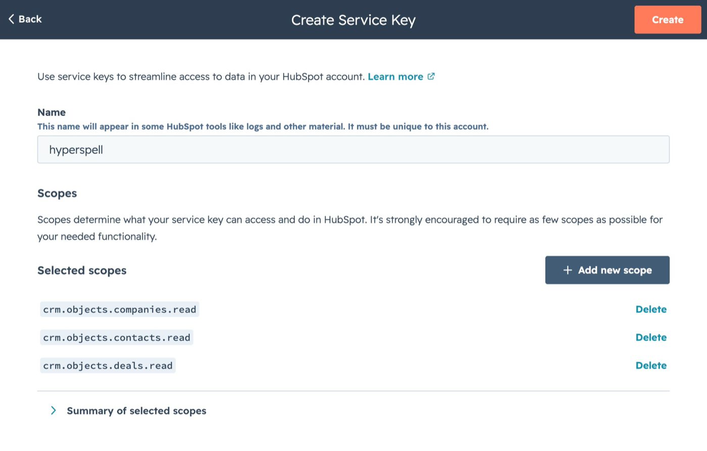 Creating a HubSpot Service Key with the crm.objects contacts, companies, and deals read scopes